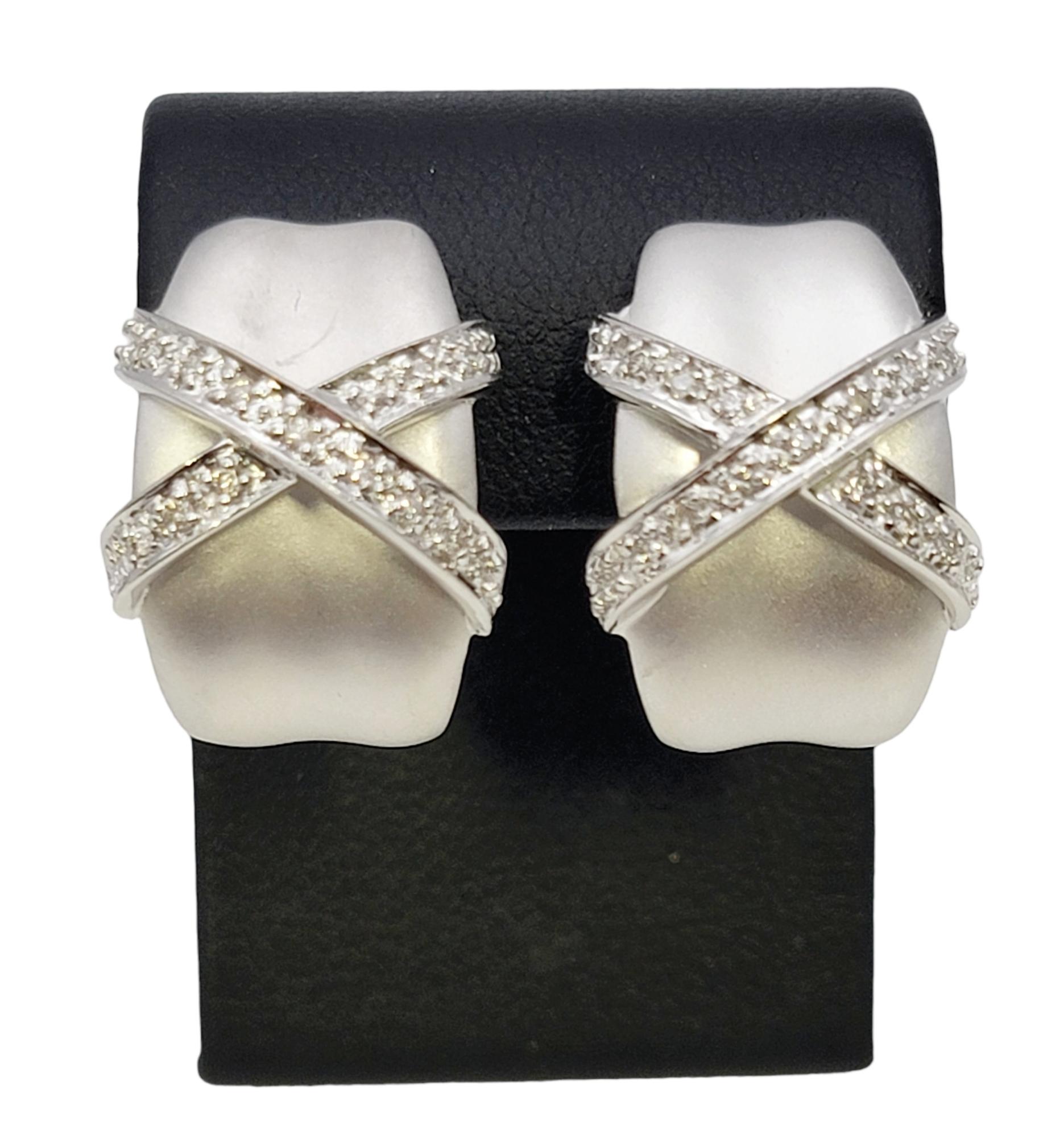 Matte 14 Karat White Gold Half Hoop Pierced Earrings with Pave Diamond X Design  For Sale 6