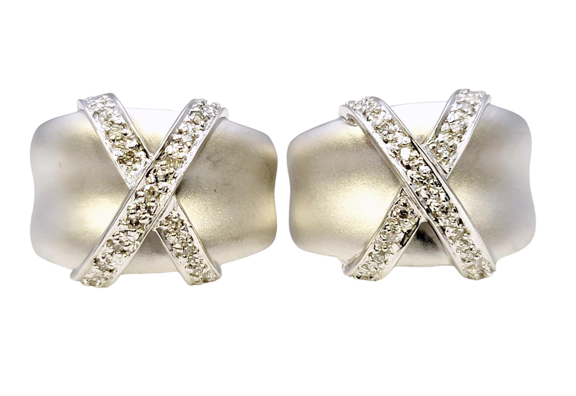 Round Cut Matte 14 Karat White Gold Half Hoop Pierced Earrings with Pave Diamond X Design  For Sale