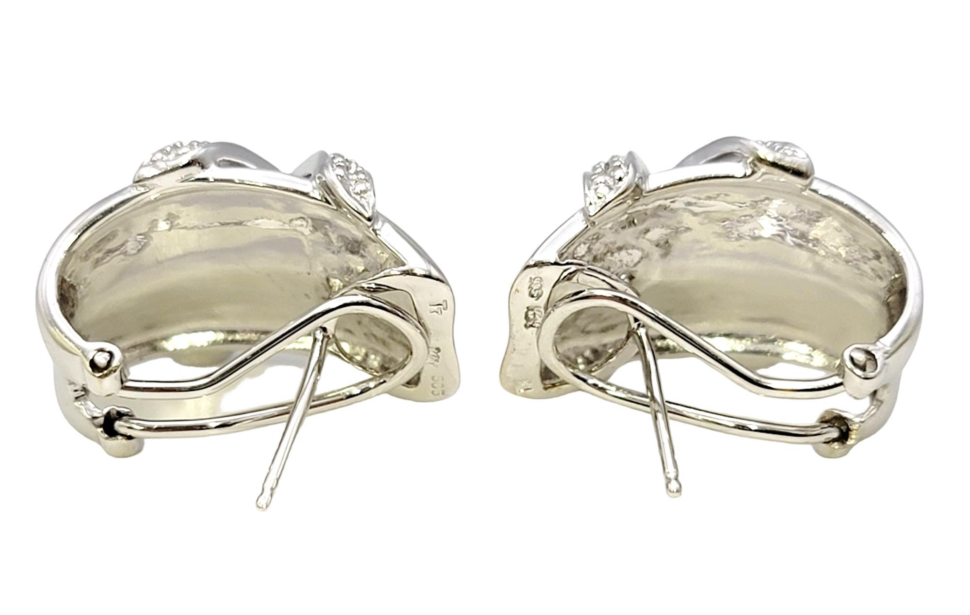 Women's Matte 14 Karat White Gold Half Hoop Pierced Earrings with Pave Diamond X Design  For Sale