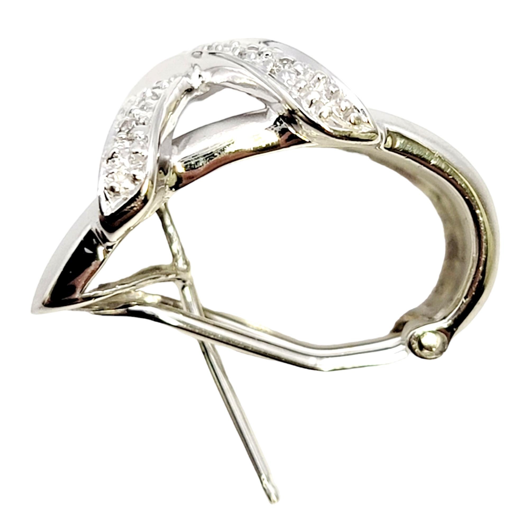 Matte 14 Karat White Gold Half Hoop Pierced Earrings with Pave Diamond X Design  For Sale 1