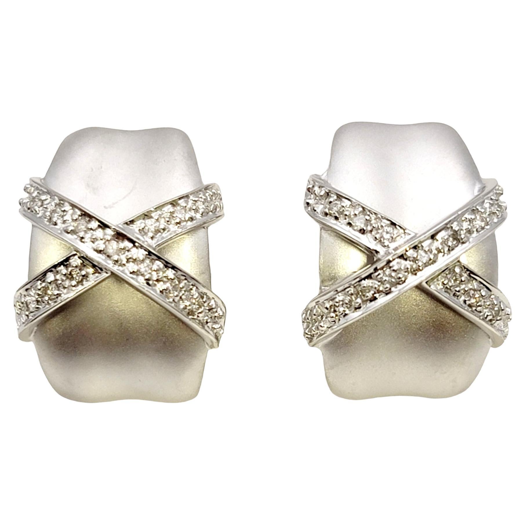 Matte 14 Karat White Gold Half Hoop Pierced Earrings with Pave Diamond X Design  For Sale