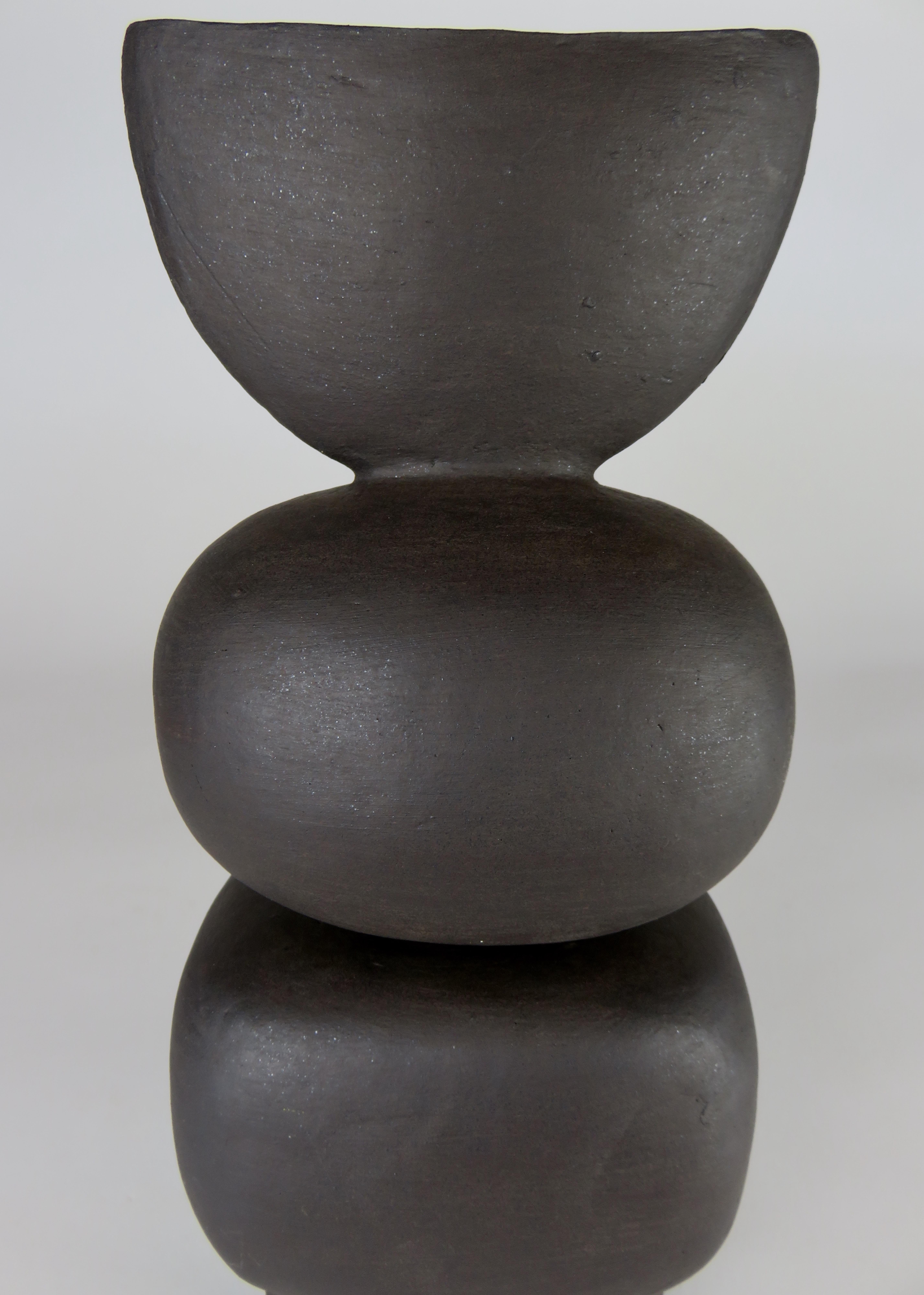 Hand-Crafted Matte Black Ceramic TOTEM, Round and Rectangular Forms, Half Moon Top
