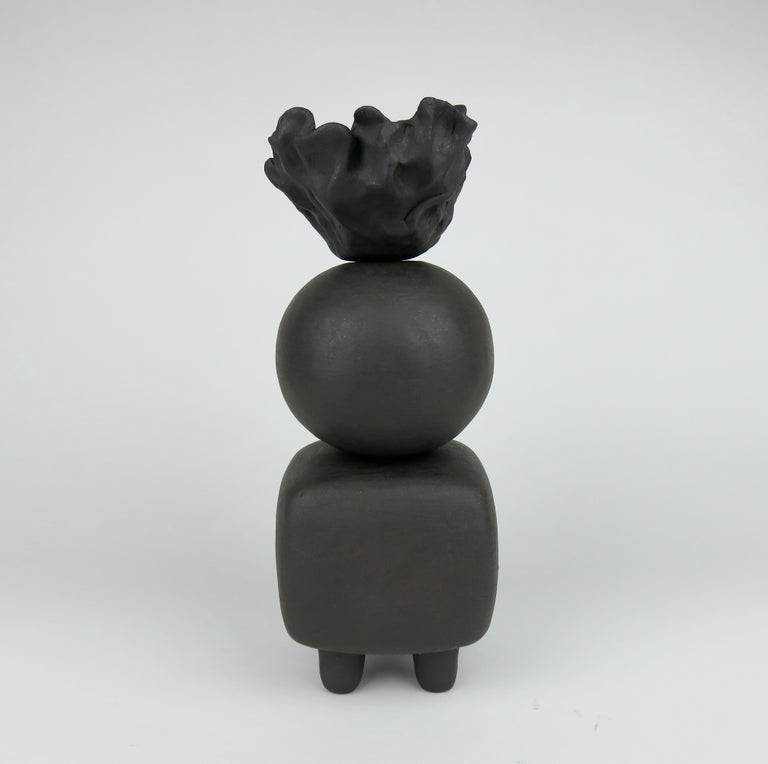 Organic Modern Matte Black Ceramic TOTEM, Round and Rectangular Forms, Organic Crinkled Cup Top For Sale