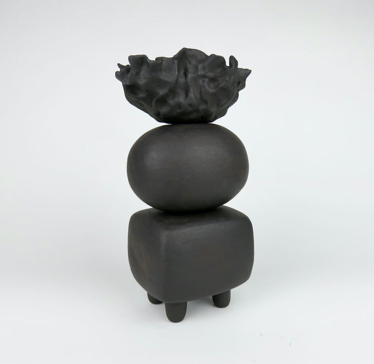 American Matte Black Ceramic TOTEM, Round and Rectangular Forms, Organic Crinkled Cup Top For Sale