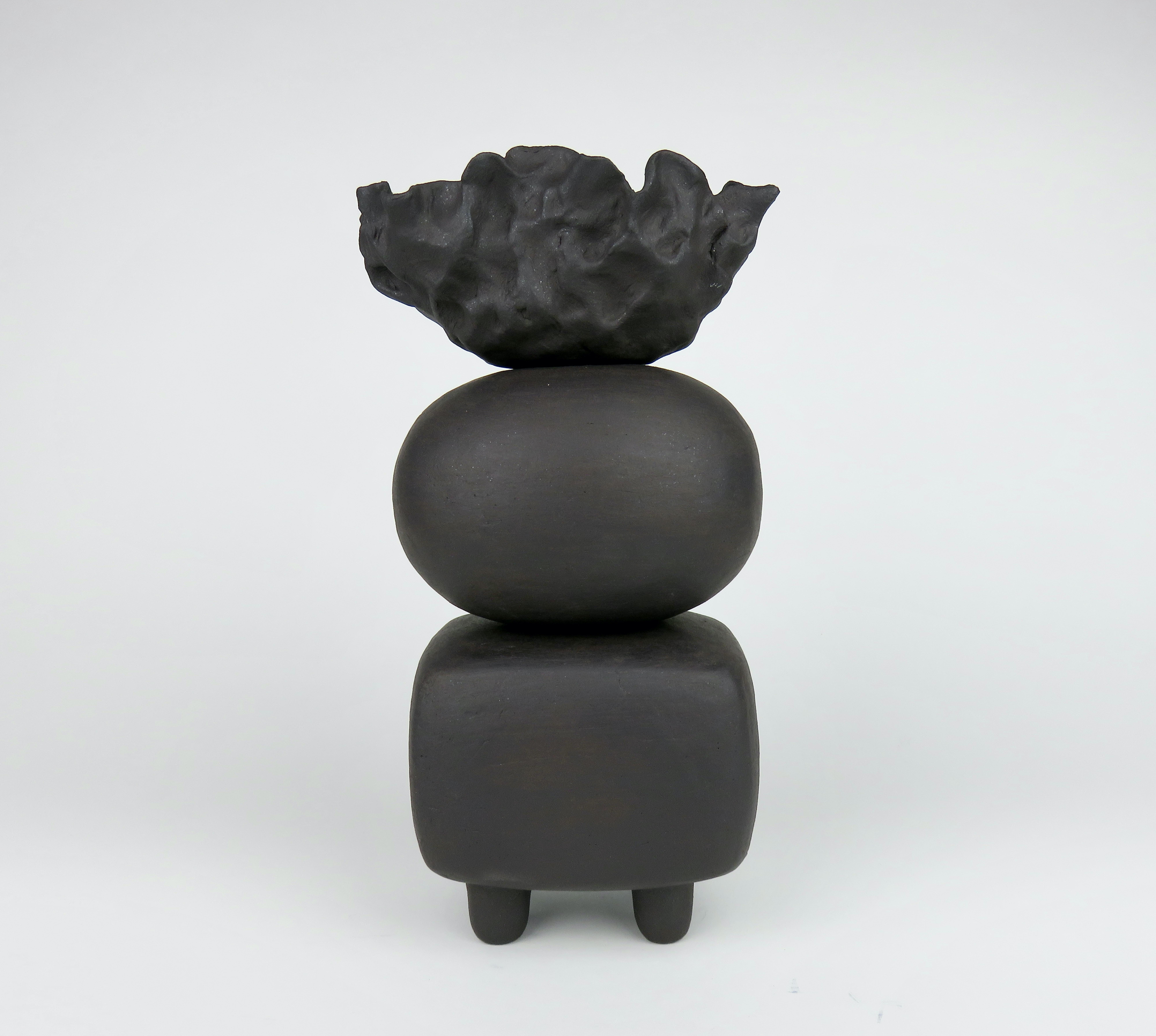 Hand-Crafted Matte Black Ceramic TOTEM, Round and Rectangular Forms, Organic Crinkled Cup Top For Sale