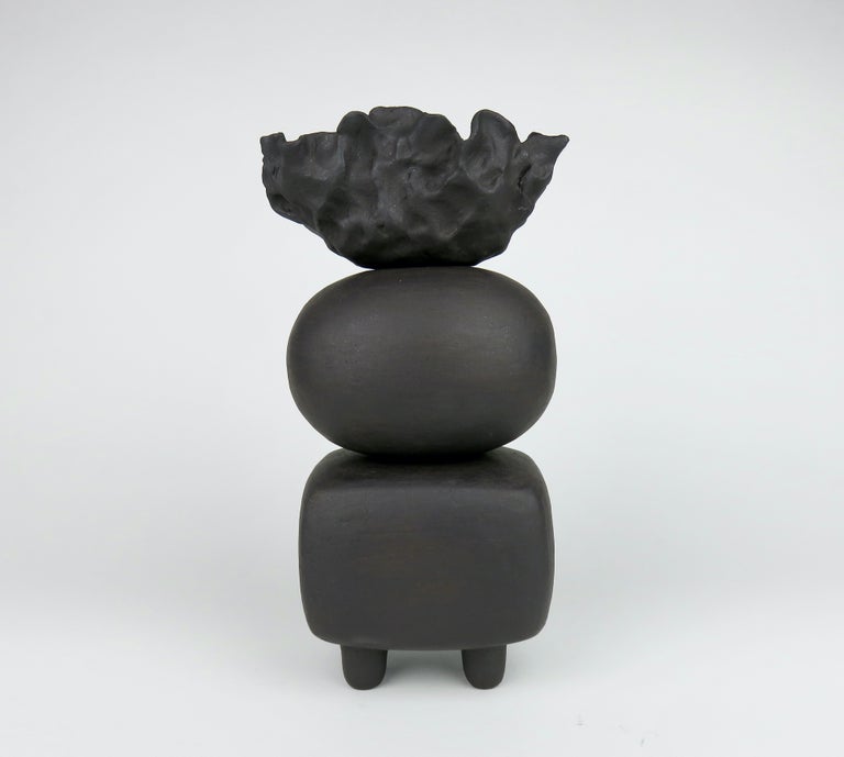 Unglazed Matte Black Ceramic TOTEM, Round and Rectangular Forms, Organic Crinkled Cup Top For Sale