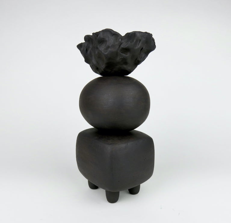 Matte Black Ceramic TOTEM, Round and Rectangular Forms, Organic Crinkled Cup Top In New Condition For Sale In New York, NY