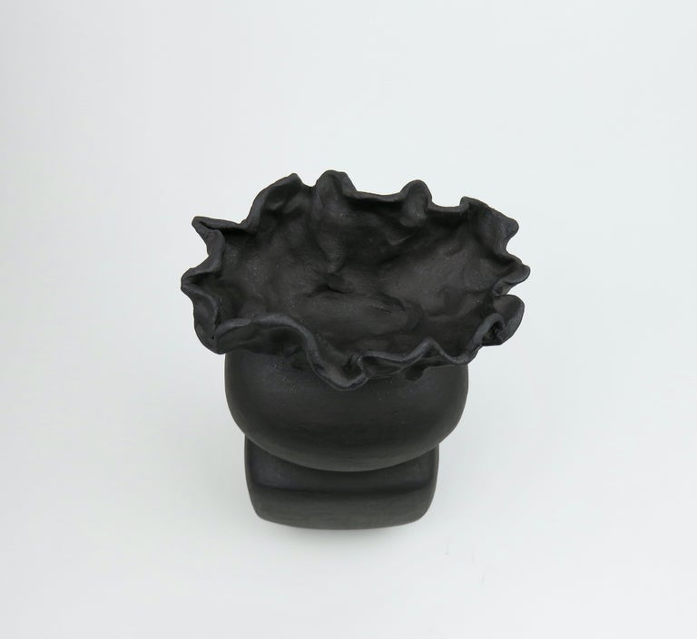 Contemporary Matte Black Ceramic TOTEM, Round and Rectangular Forms, Organic Crinkled Cup Top For Sale