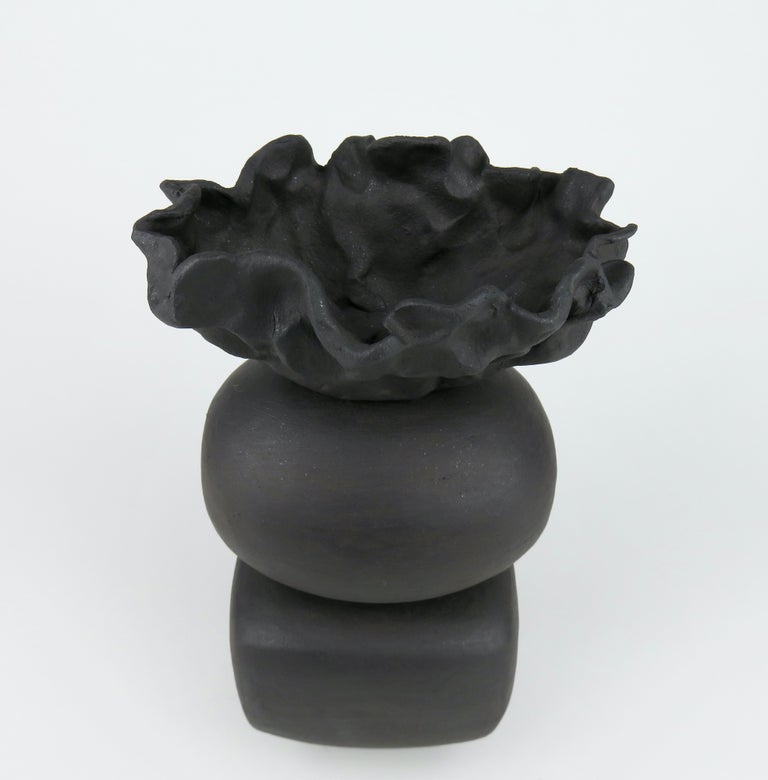 Matte Black Ceramic TOTEM, Round and Rectangular Forms, Organic Crinkled Cup Top For Sale 1