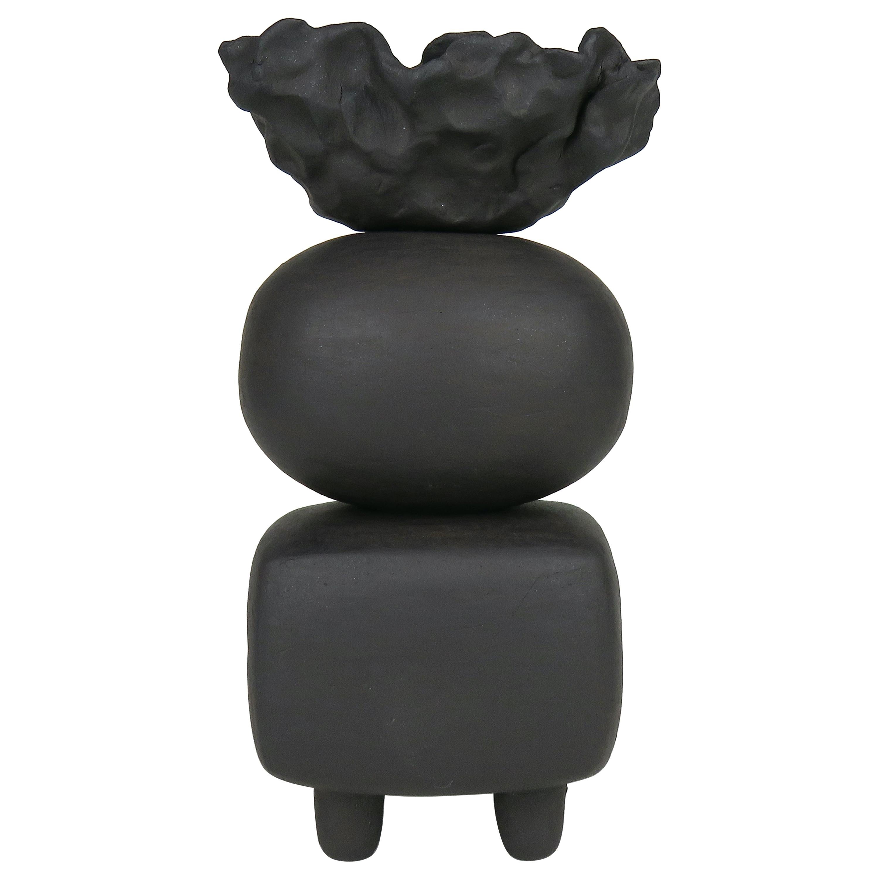 Matte Black Ceramic TOTEM, Round and Rectangular Forms, Organic Crinkled Cup Top For Sale