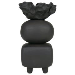 Matte Black Ceramic TOTEM, Round and Rectangular Forms, Organic Crinkled Cup Top