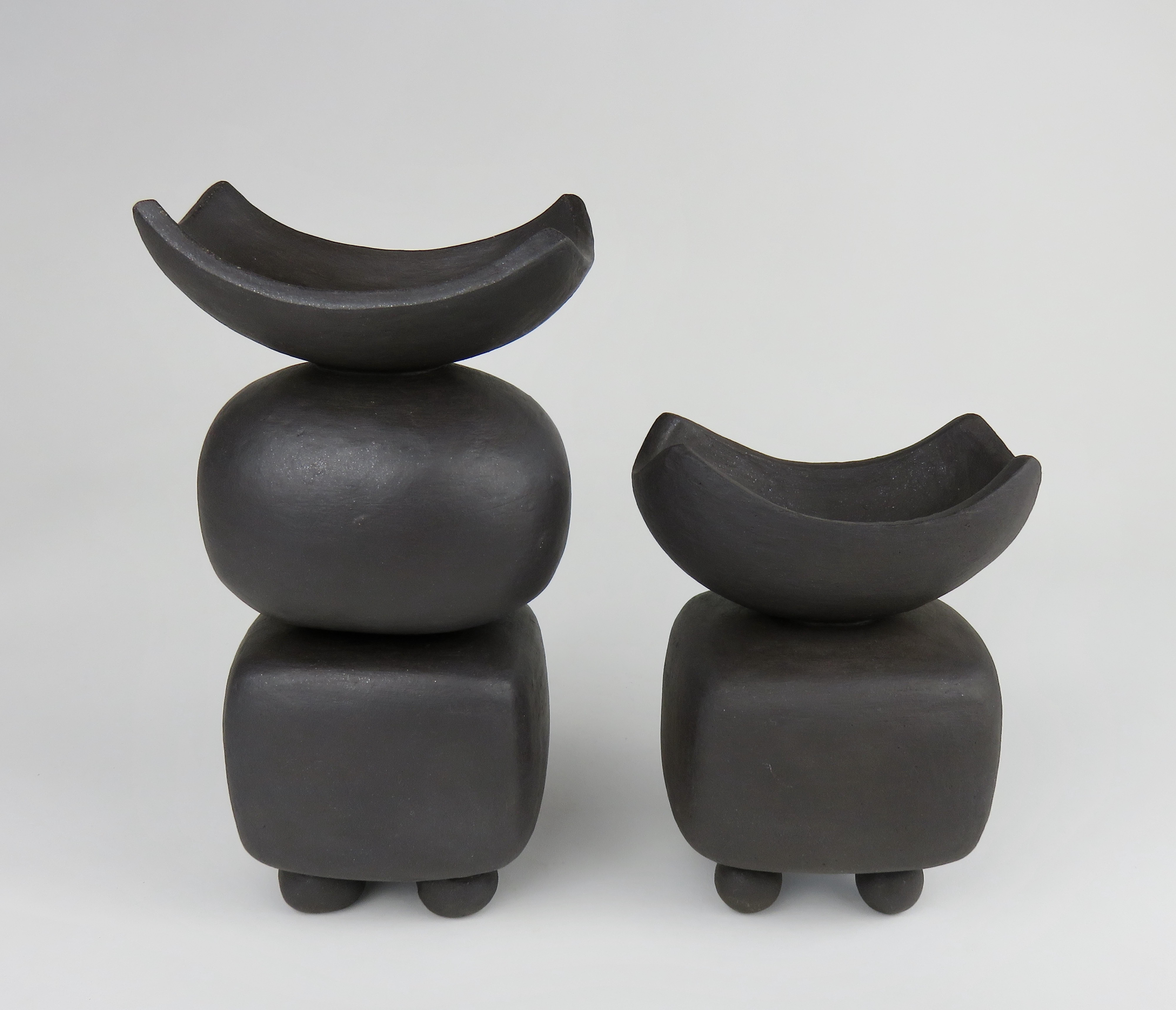Matte Black Ceramic TOTEM,  Round and Rectangular Forms w/ Open Top, Small Feet 8