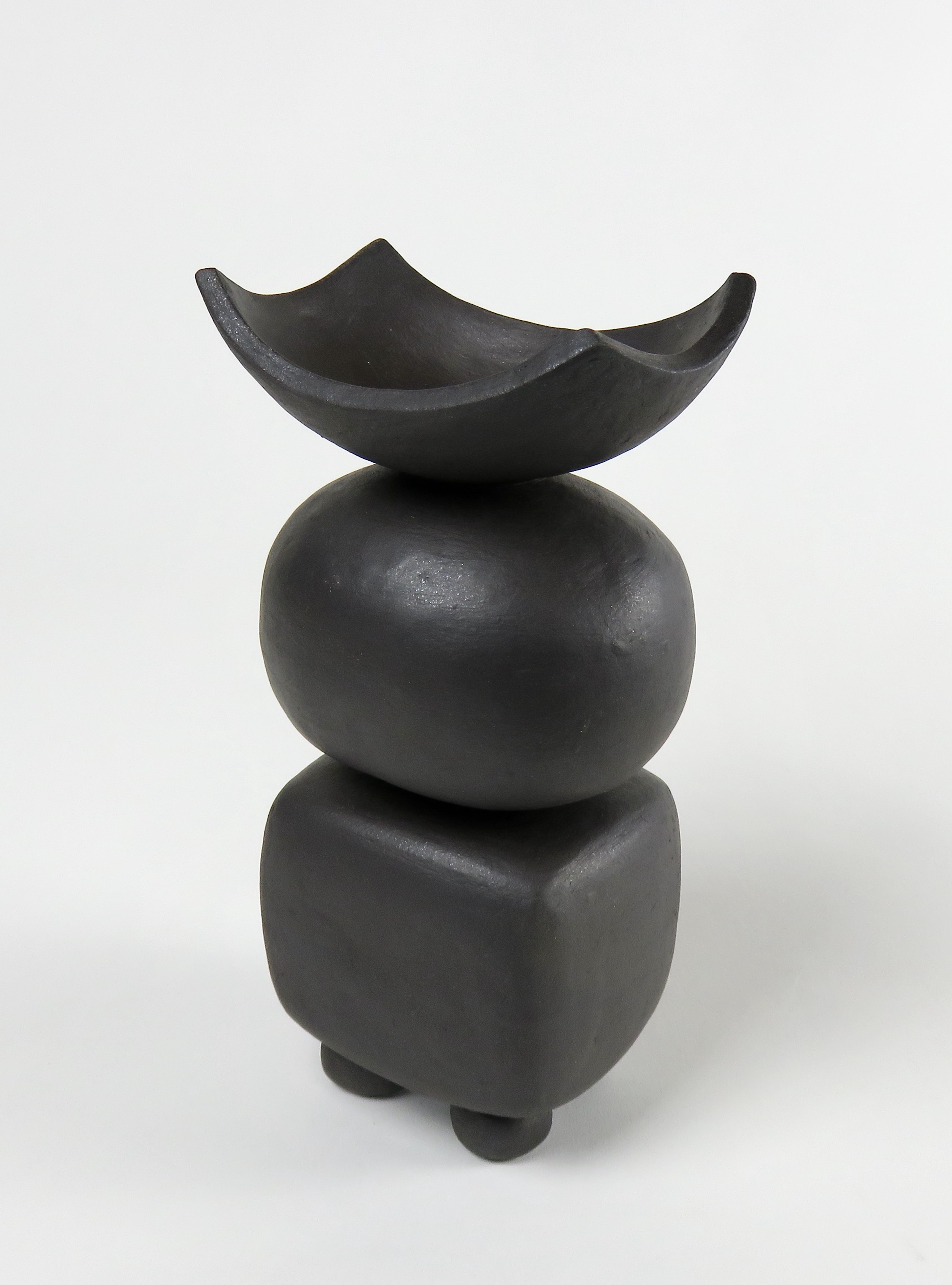 Organic Modern Matte Black Ceramic TOTEM,  Round and Rectangular Forms w/ Open Top, Small Feet