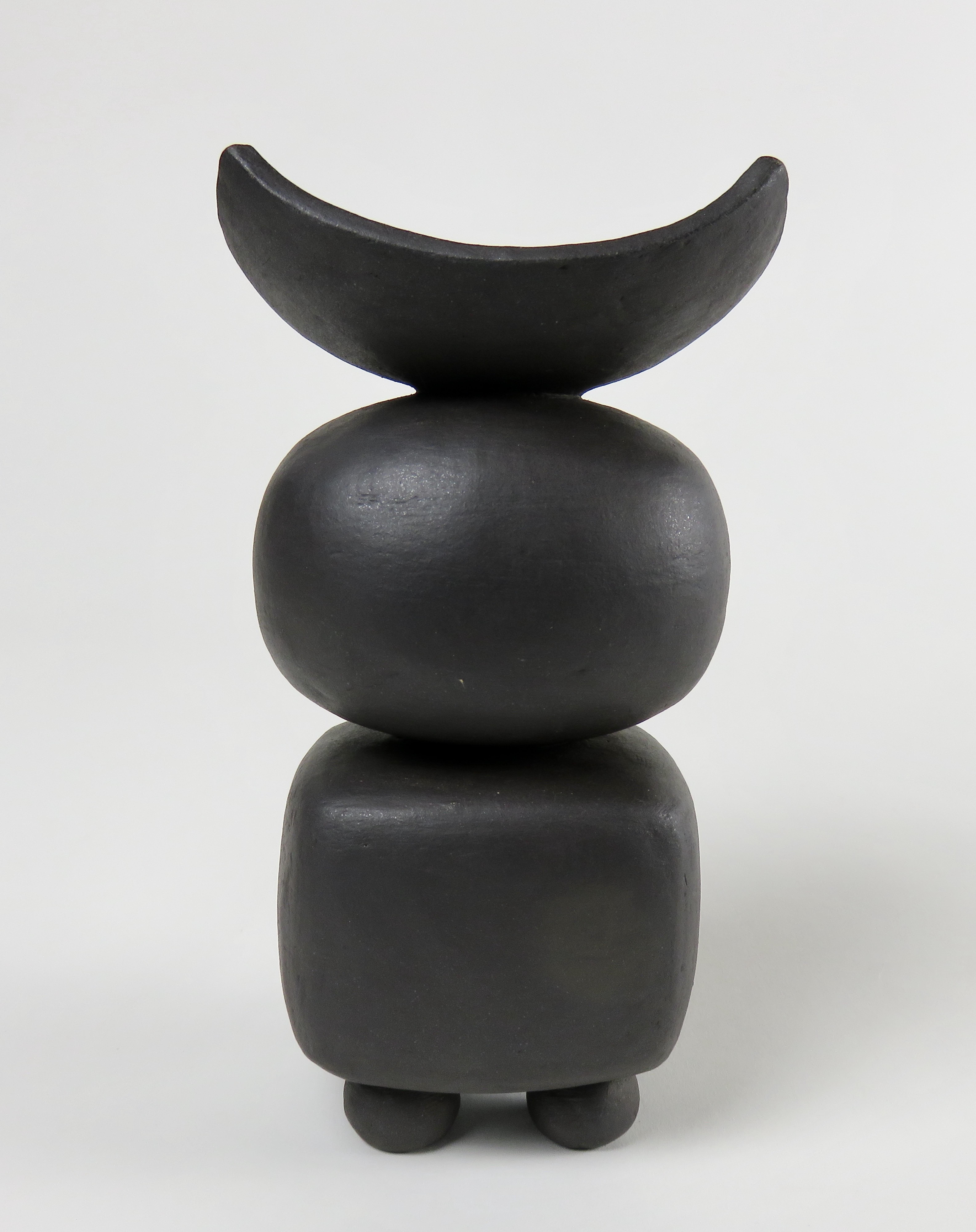 Stoneware Matte Black Ceramic TOTEM,  Round and Rectangular Forms w/ Open Top, Small Feet