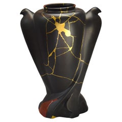 Matte Black Ceramic Vase with 22K Gold Kintsugi and Applied Birds