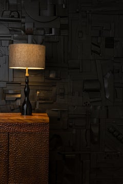 Matte Black Brutalist Sculptural Collage Artwork, Mural from Upcycled Wood