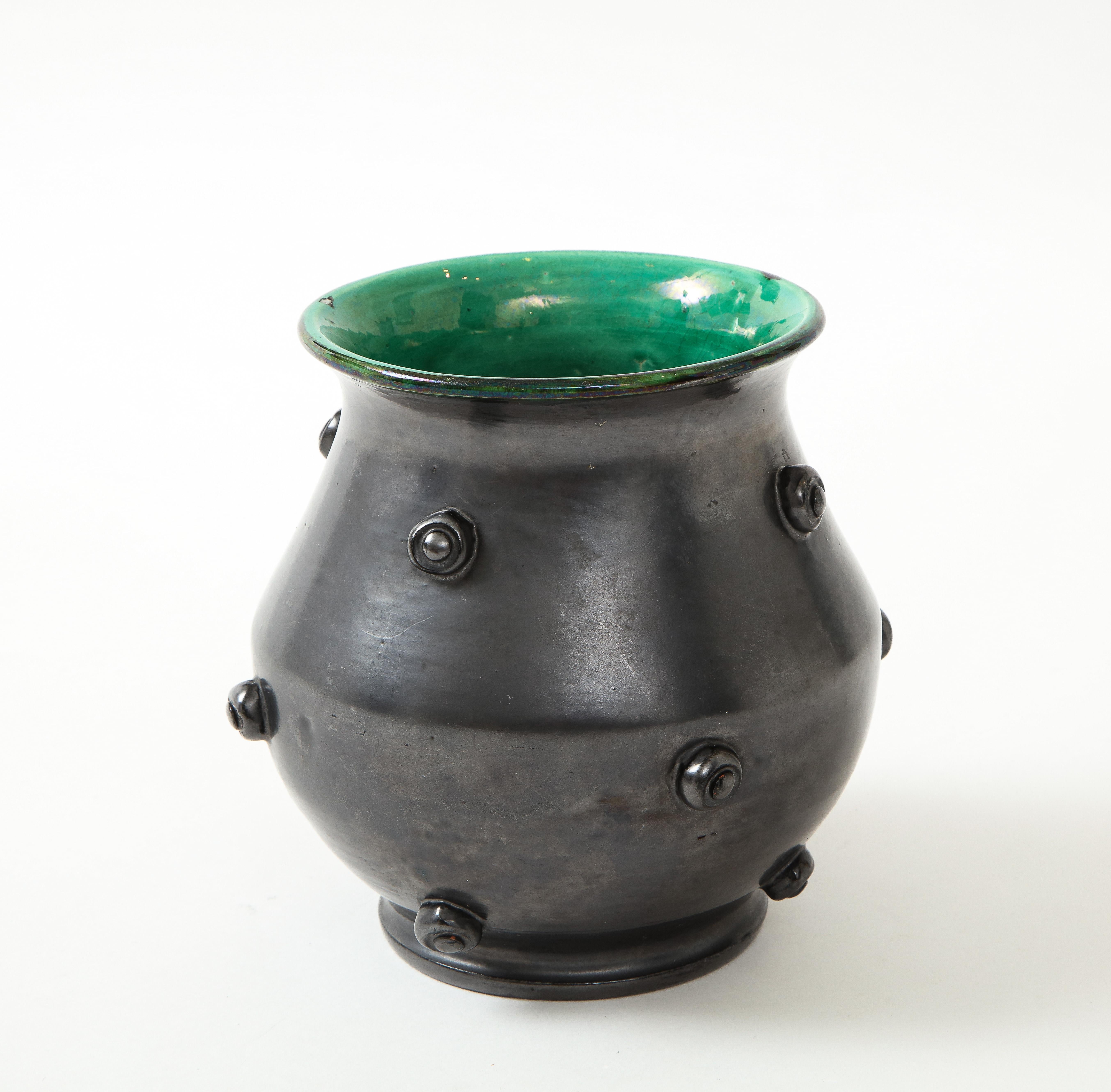 Matte Black Glaze Ceramic Vase w/ Green Crackle Interior, France, c. 1950 4