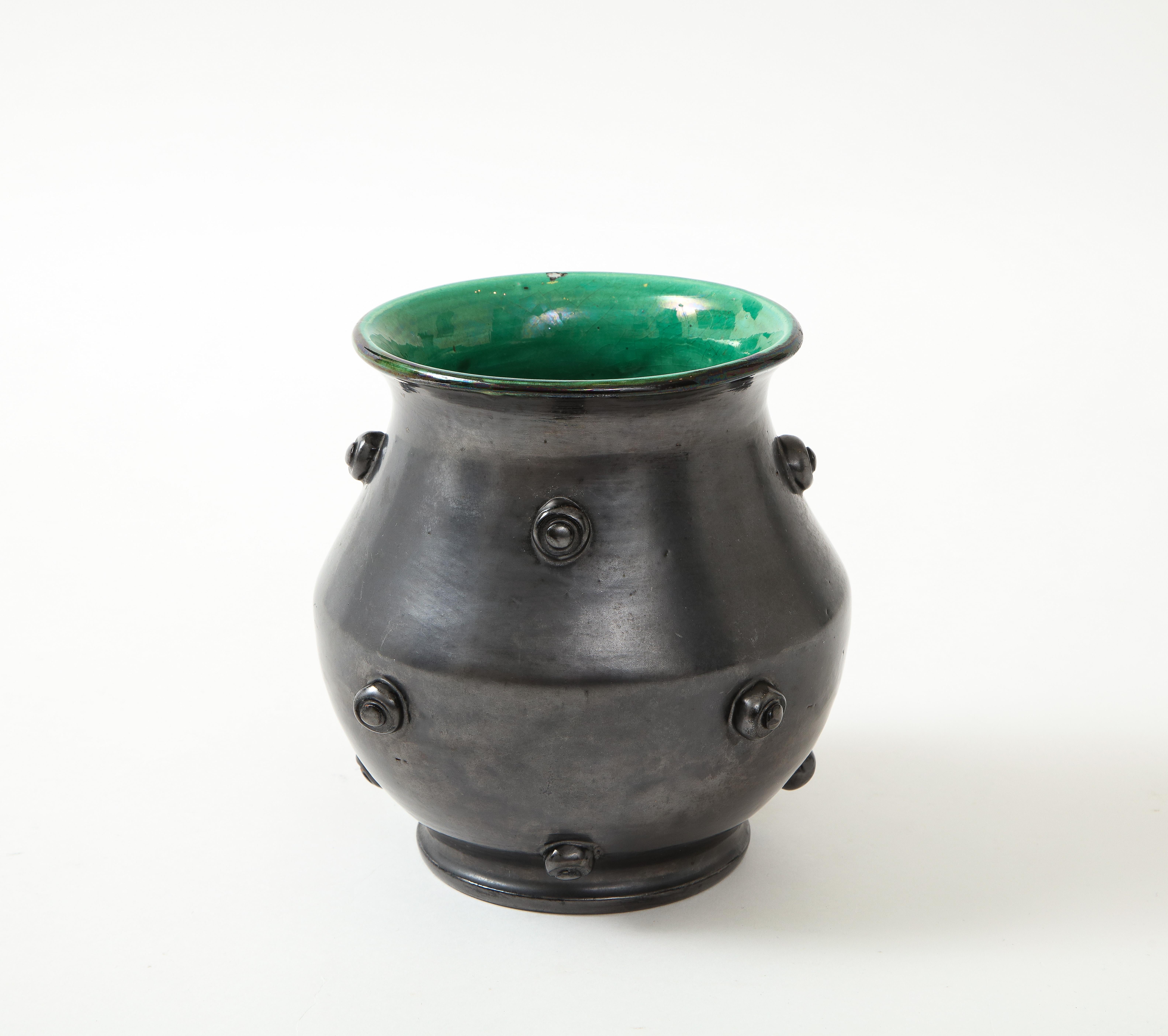 Matte Black Glaze Ceramic Vase w/ Green Crackle Interior, France, c. 1950 5