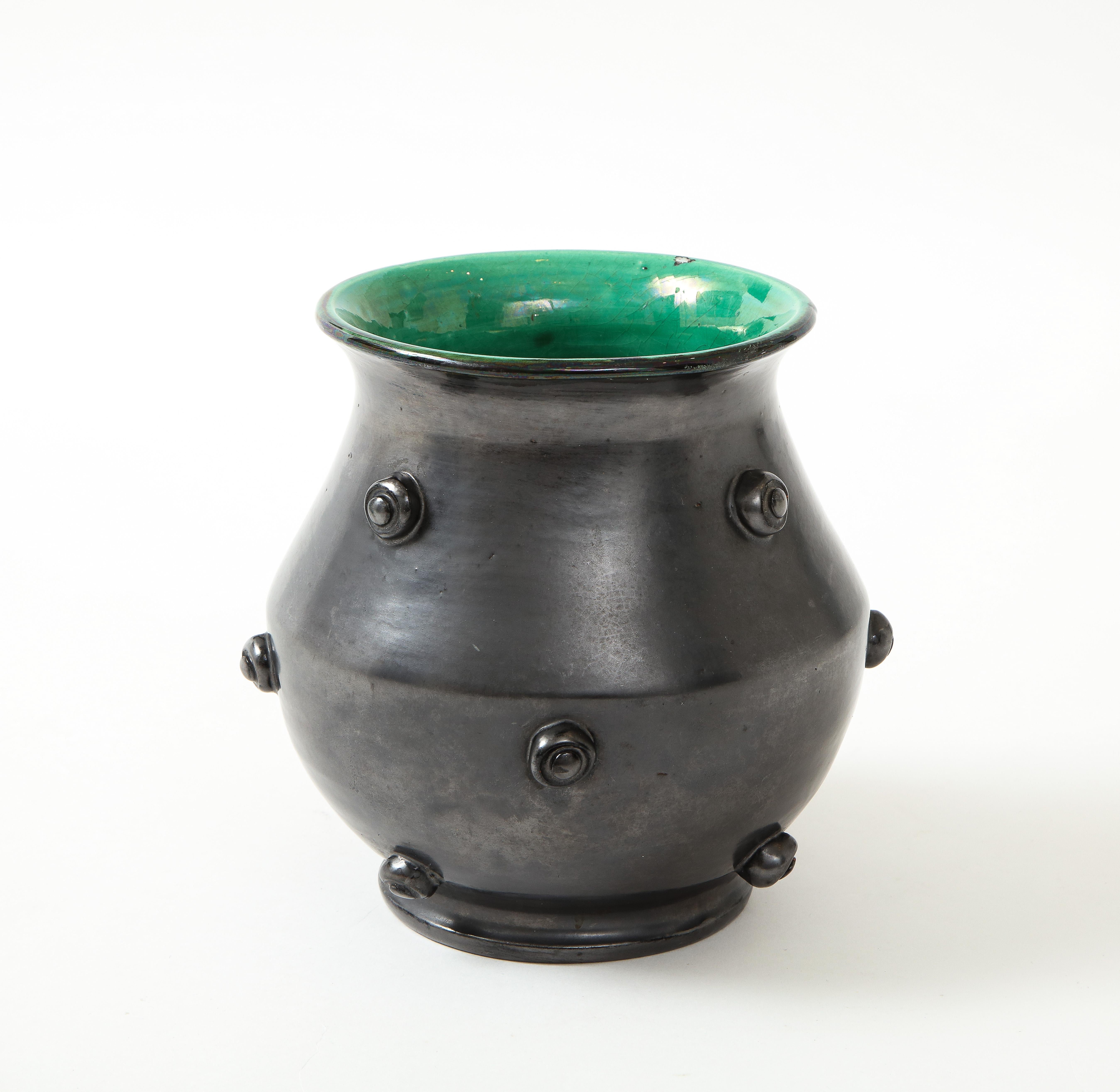 Matte Black Glaze Ceramic Vase w/ Green Crackle Interior, France, c. 1950 6