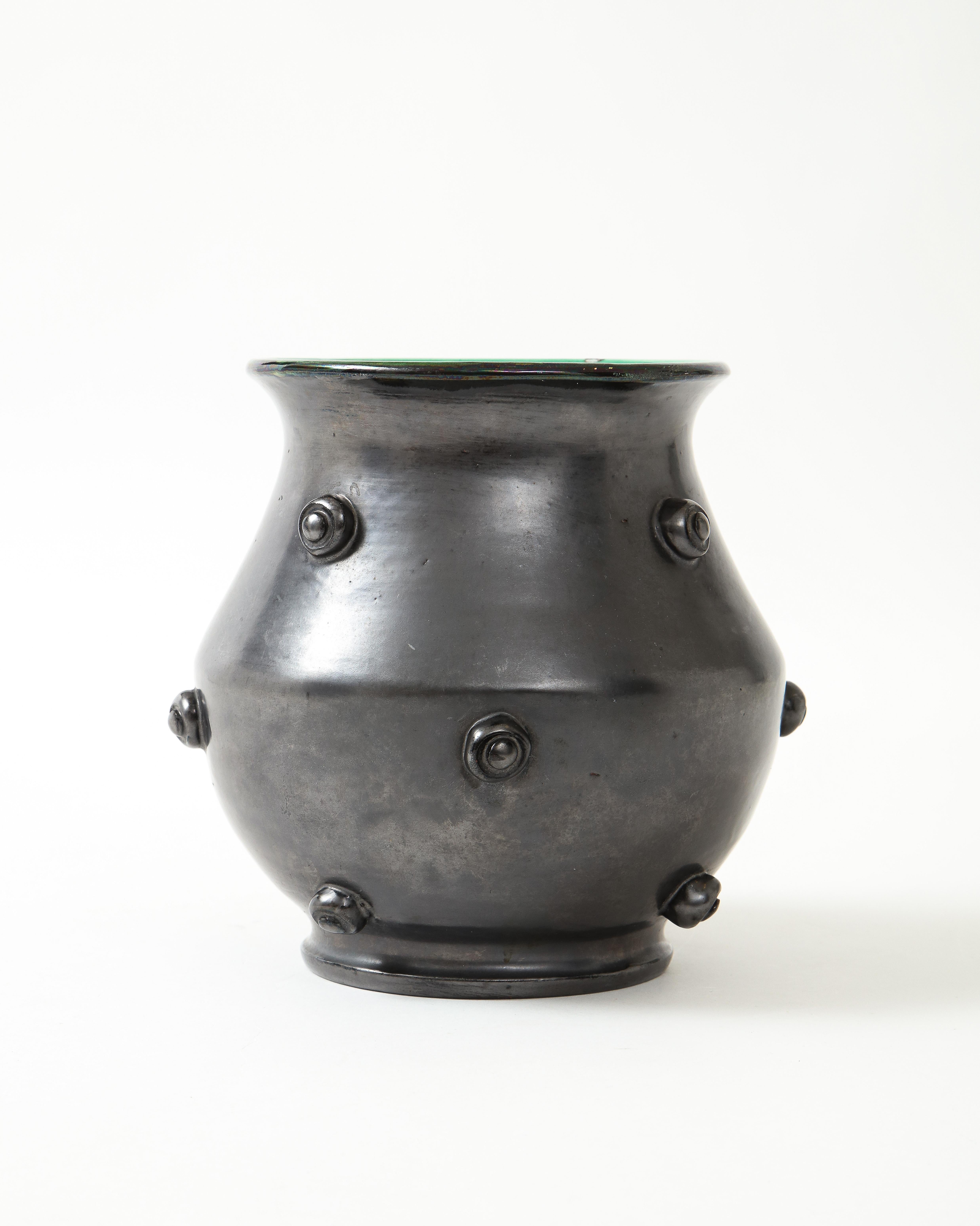 Matte Black Glaze Ceramic Vase w/ Green Crackle Interior, France, c. 1950 7