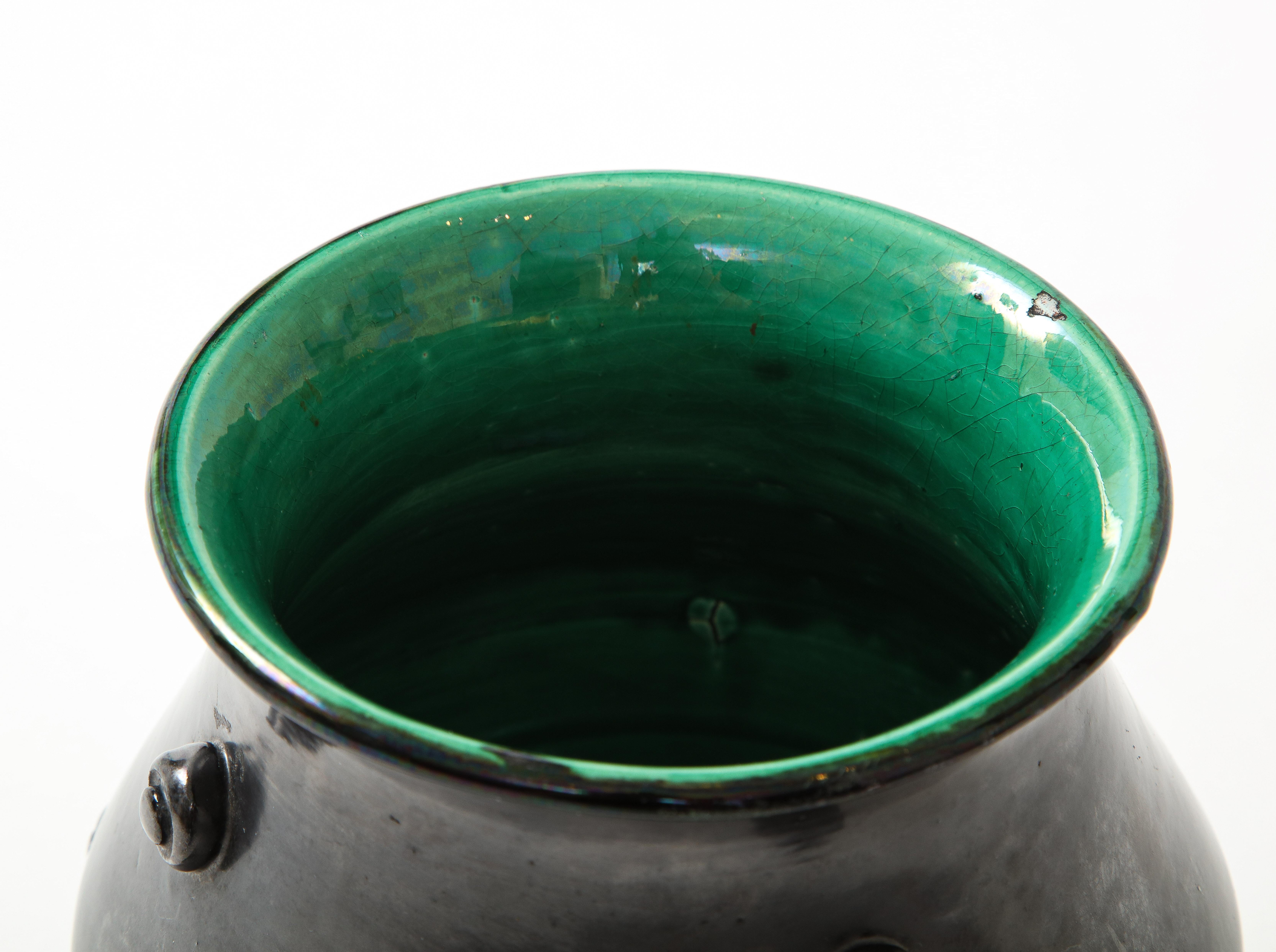 Matte Black Glaze Ceramic Vase w/ Green Crackle Interior, France, c. 1950 8