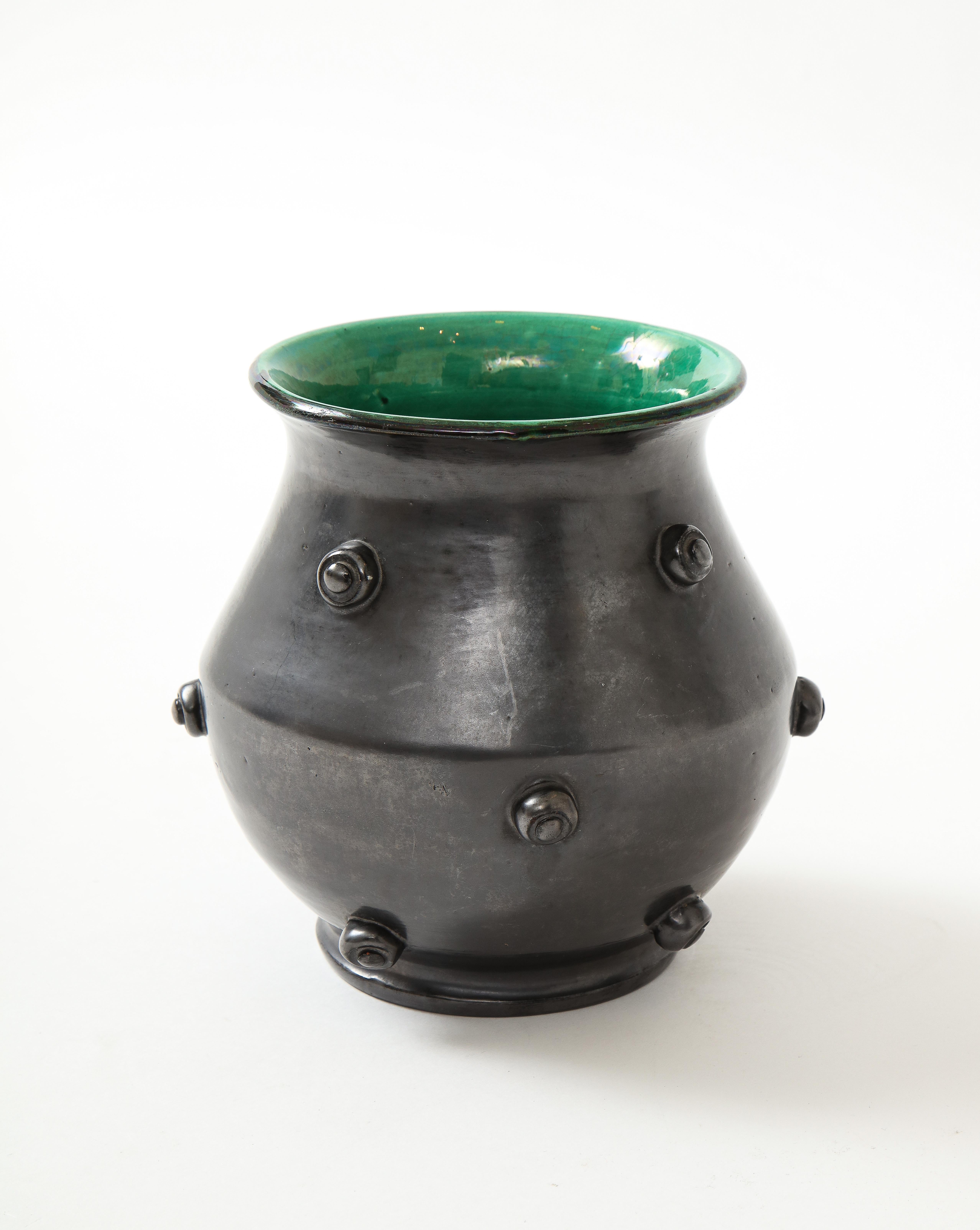 Matte Black Glaze Ceramic Vase w/ Green Crackle Interior, France, c. 1950 10