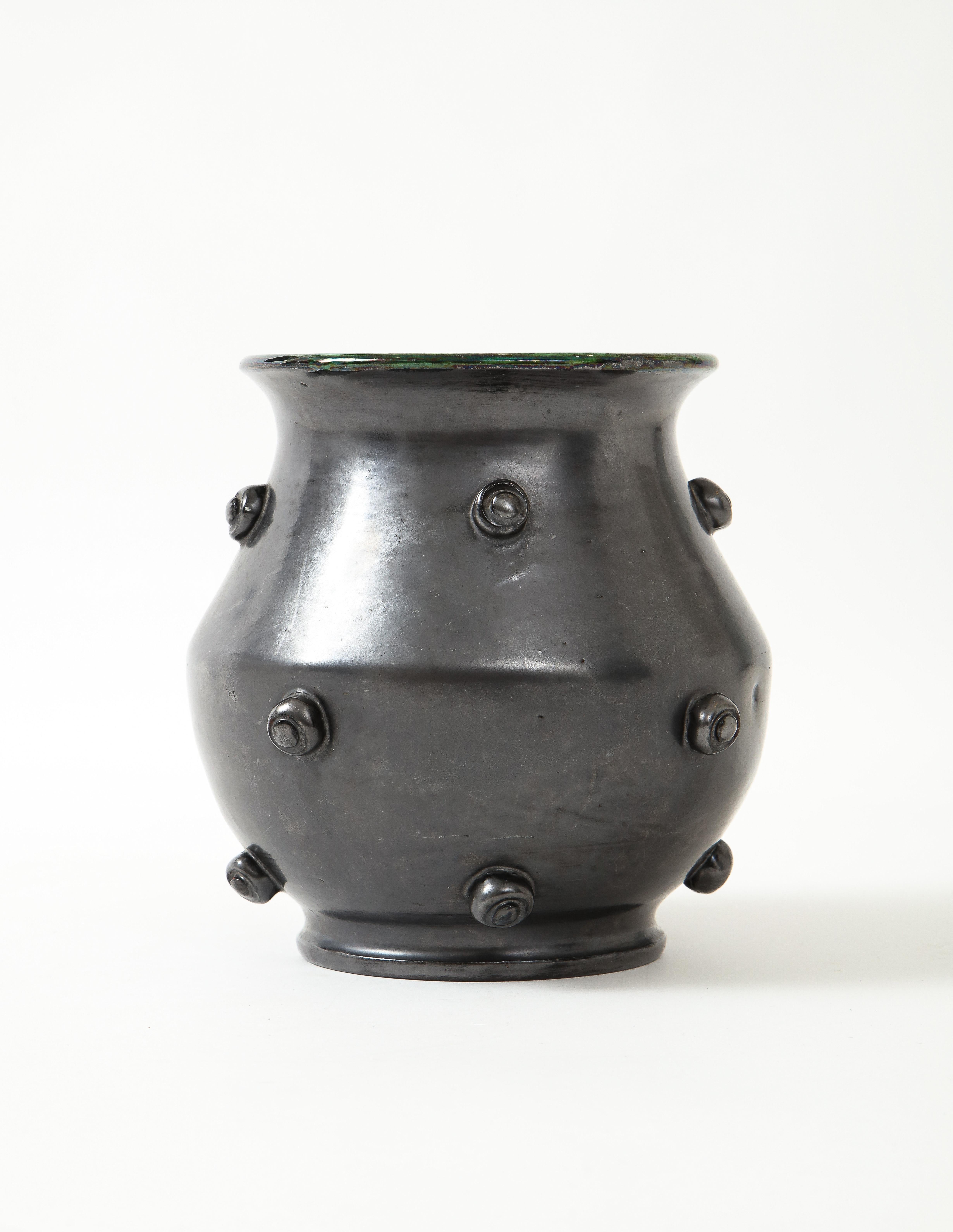 Mid-Century Modern Matte Black Glaze Ceramic Vase w/ Green Crackle Interior, France, c. 1950