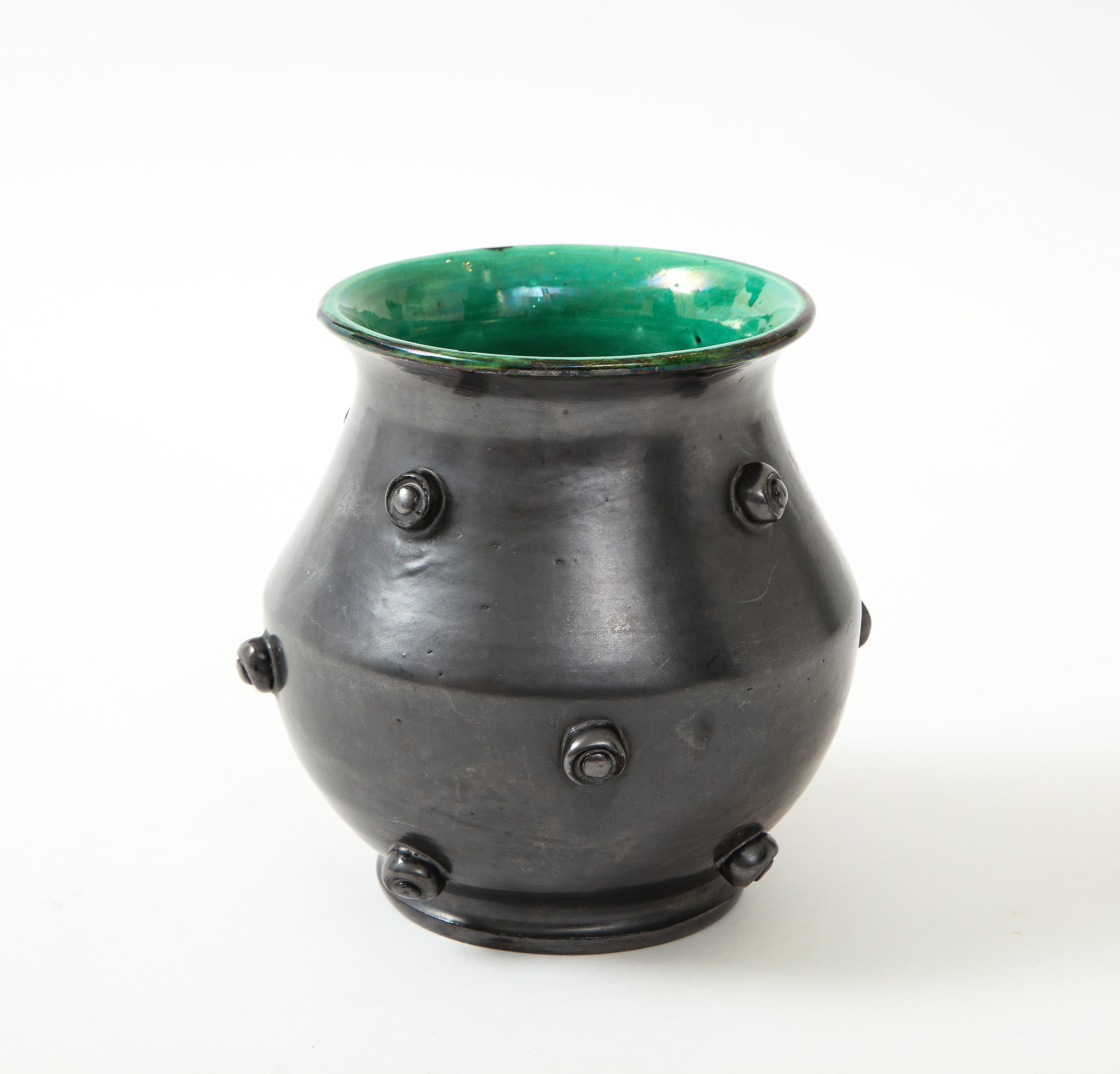 Mid-20th Century Matte Black Glaze Ceramic Vase w/ Green Crackle Interior, France, c. 1950