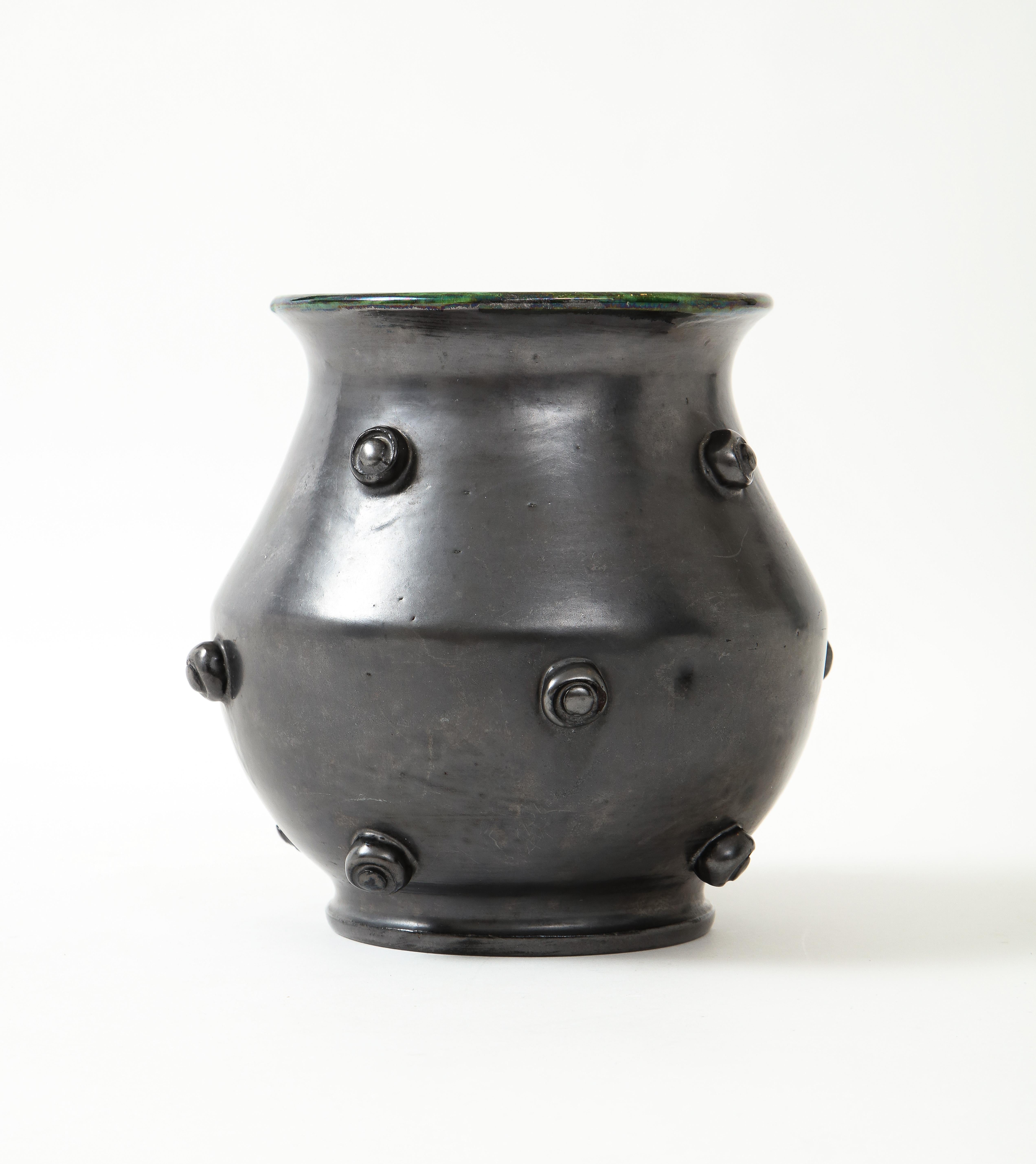 Matte Black Glaze Ceramic Vase w/ Green Crackle Interior, France, c. 1950 1