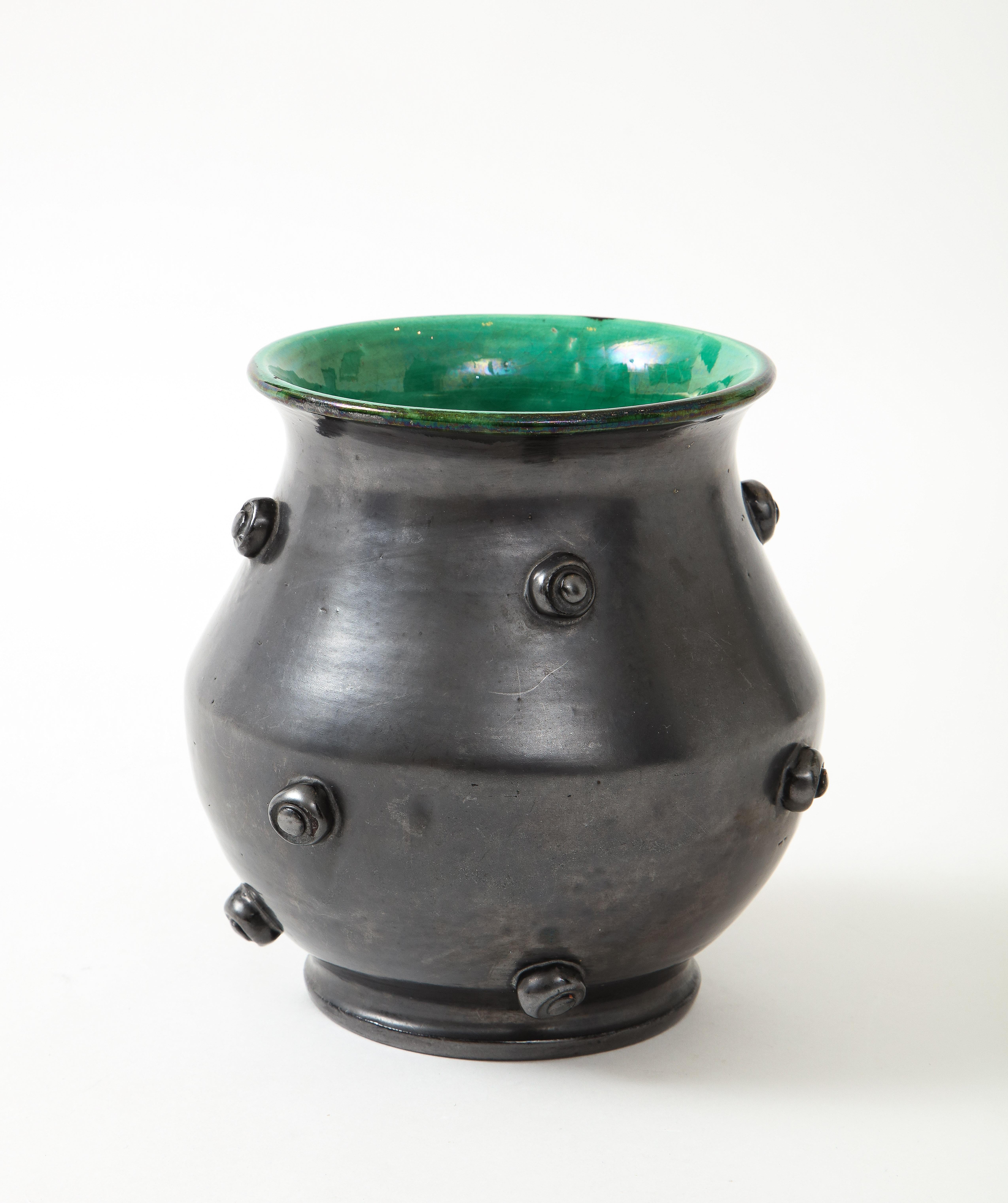 Matte Black Glaze Ceramic Vase w/ Green Crackle Interior, France, c. 1950 2