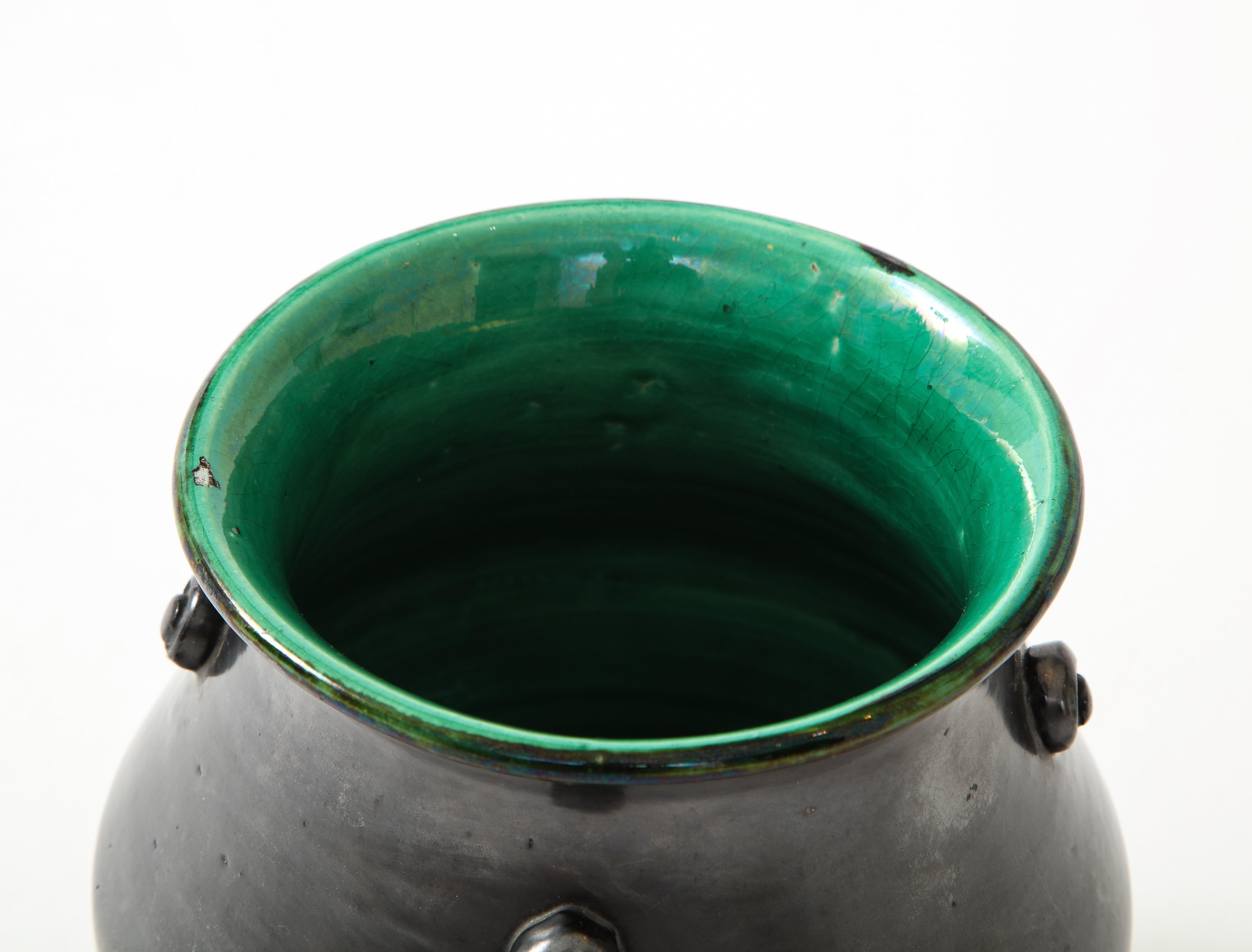 Matte Black Glaze Ceramic Vase w/ Green Crackle Interior, France, c. 1950 3