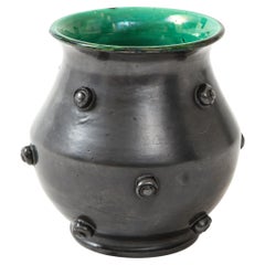 Matte Black Glaze Ceramic Vase w/ Green Crackle Interior, France, c. 1950