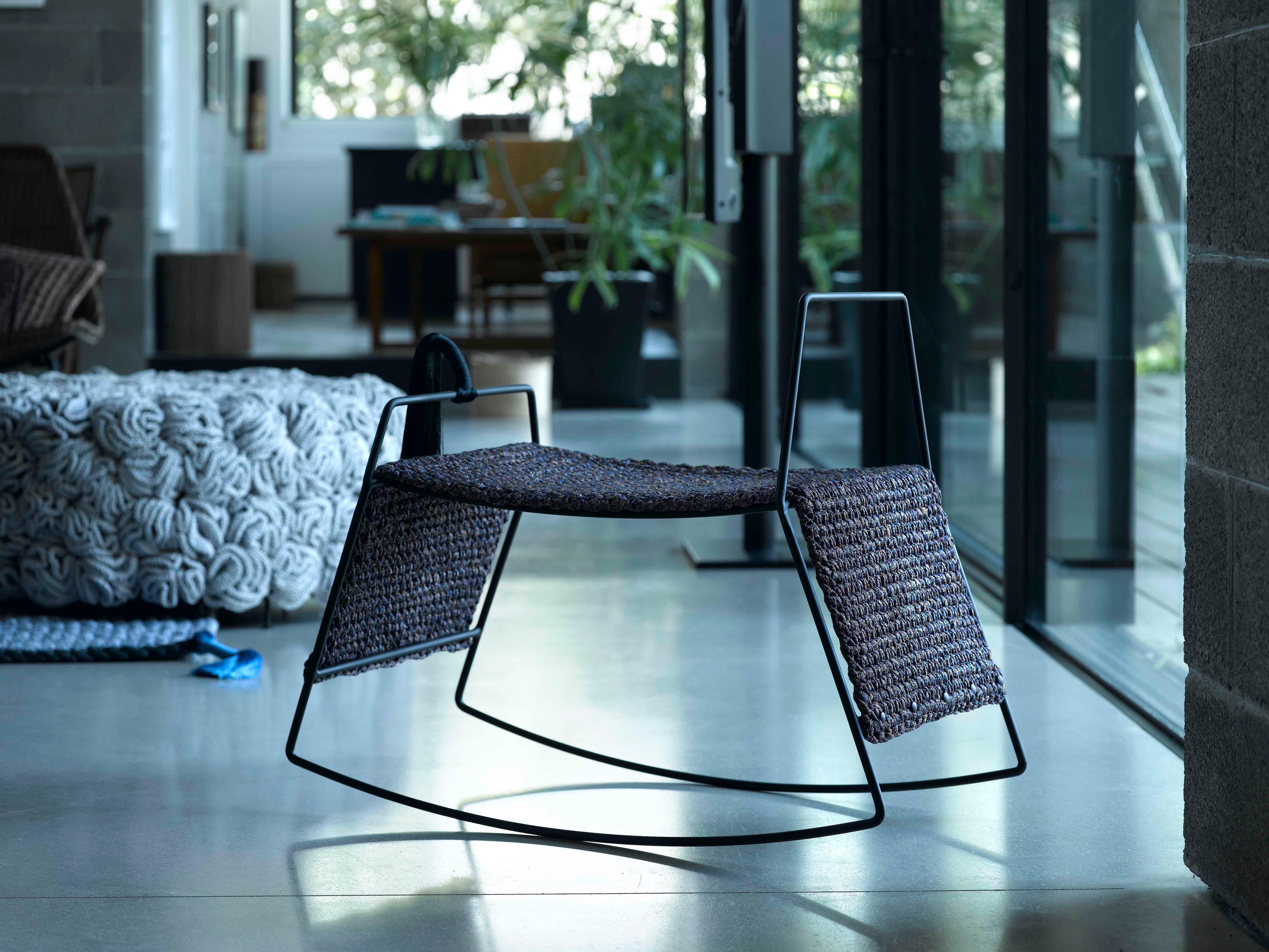 Matte Black Iron Handmade Textile Rocking Horse Stool with Rug Seat In New Condition In Tel Aviv, IL
