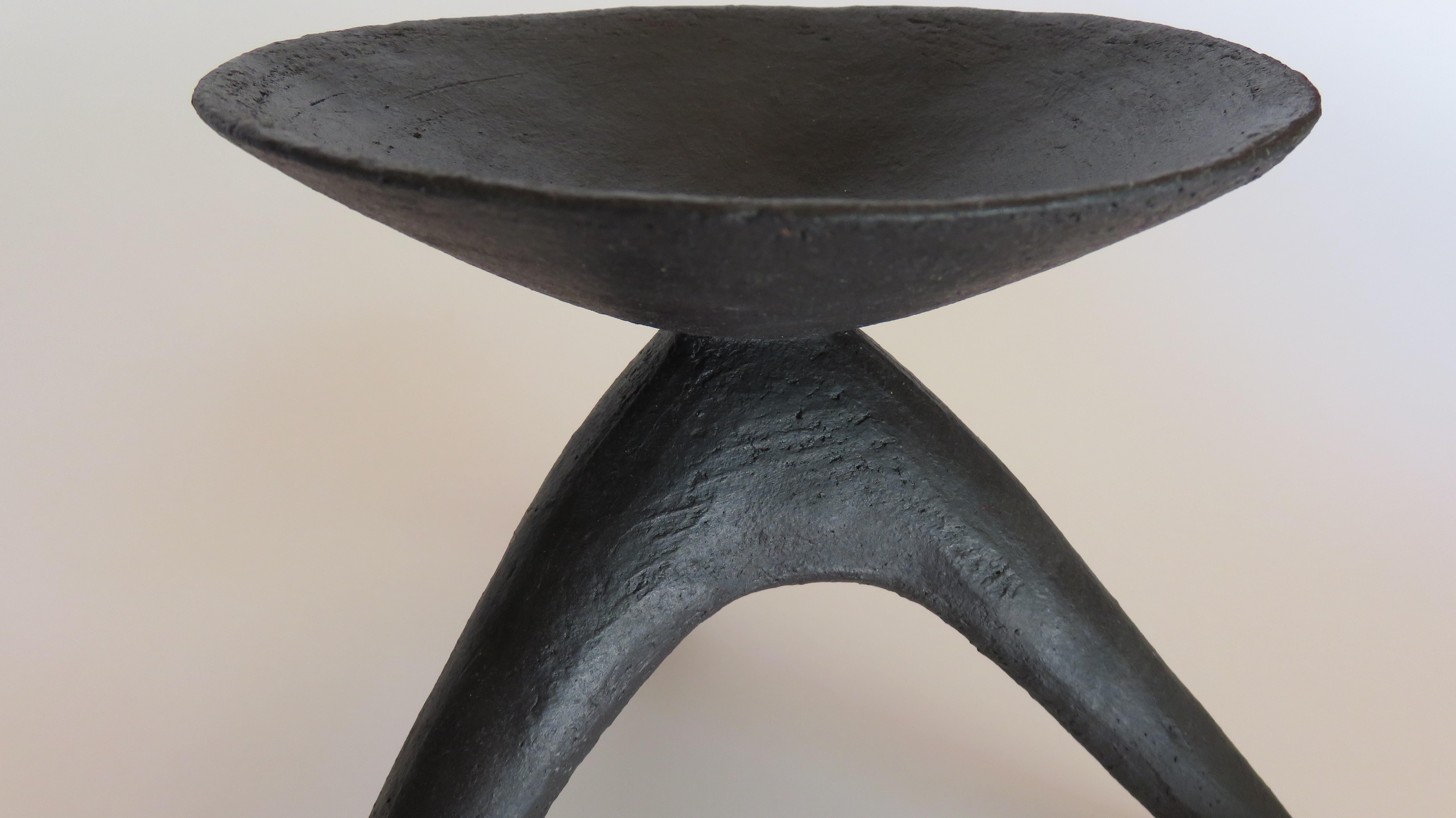 Contemporary Matte Black Modern TOTEM, Chalice Top on Tripod Legs, Hand Built Ceramic For Sale