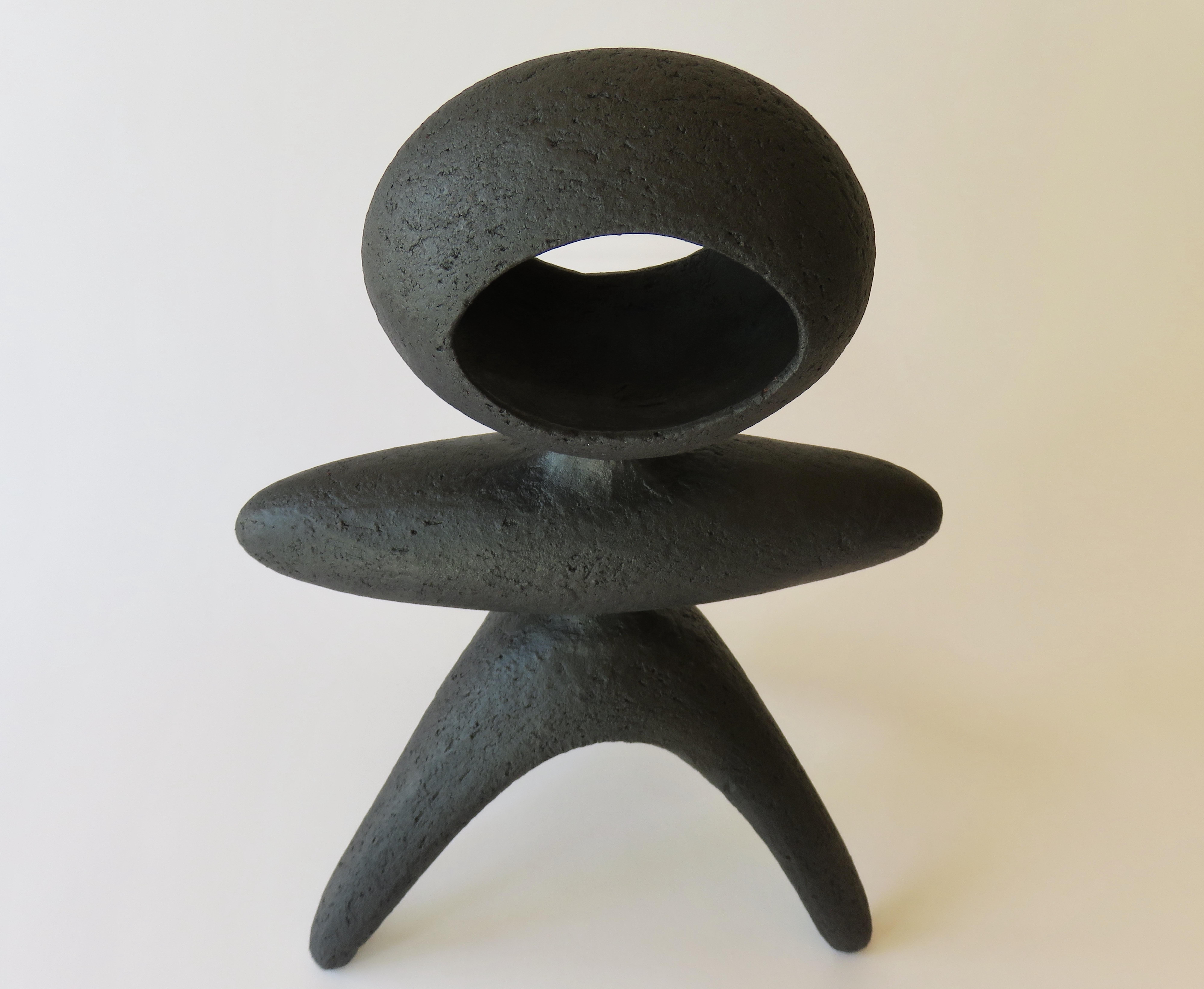 Hand-Crafted Matte Black Modern TOTEM, Open Oval Top on Tripod Legs, Hand Built Ceramic