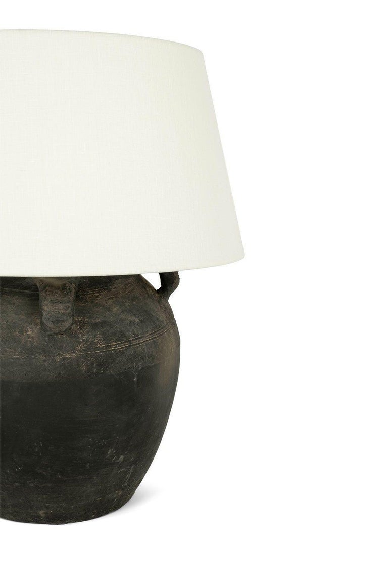 Matte Black Pottery Lamp with White Linen Shade at 1stDibs