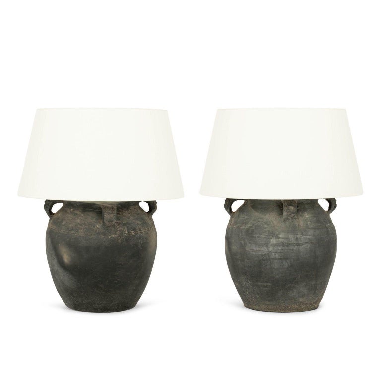Matte Black Pottery Lamp with White Linen Shade at 1stDibs