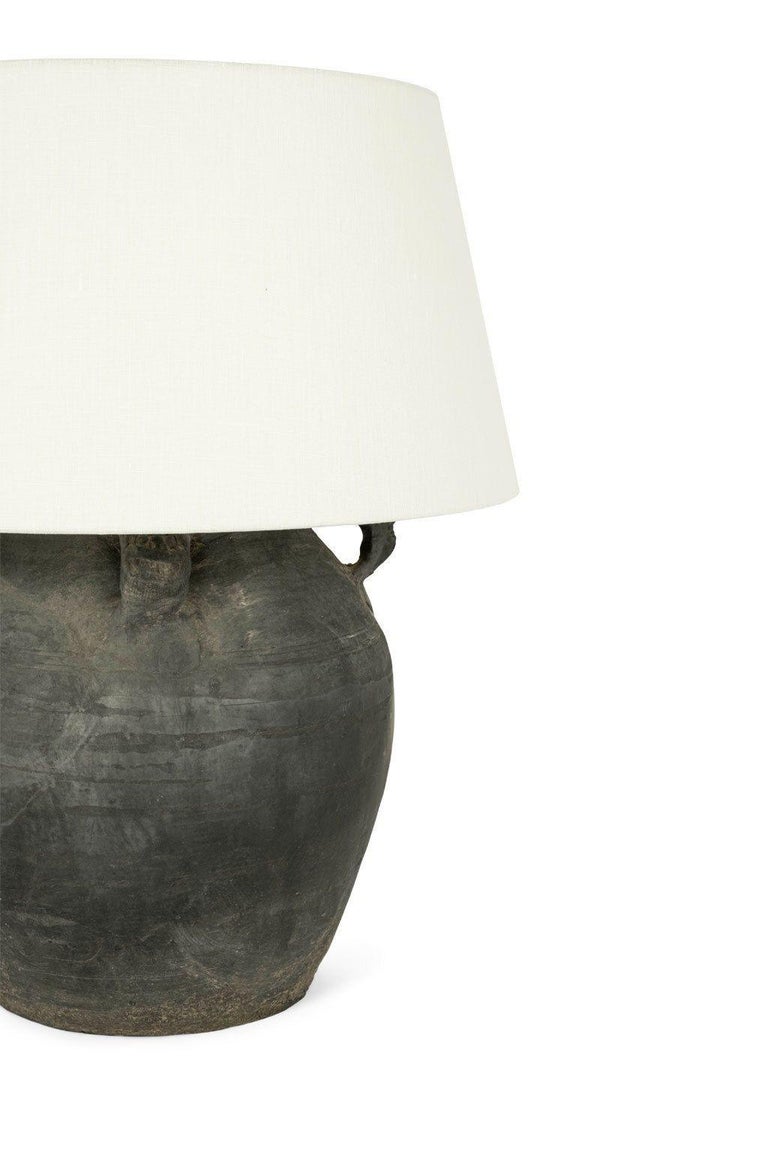 Matte Black Pottery Lamp with White Linen Shade at 1stDibs