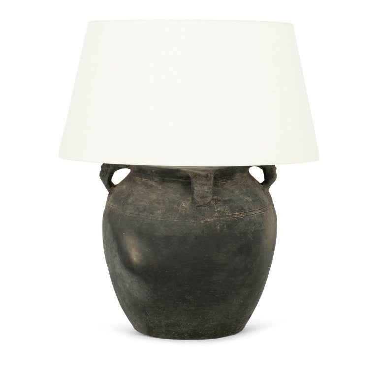 Matte Black Pottery Lamp with White Linen Shade at 1stDibs