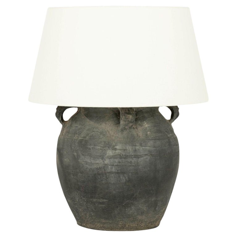 Matte Black Pottery Lamp with White Linen Shade at 1stDibs