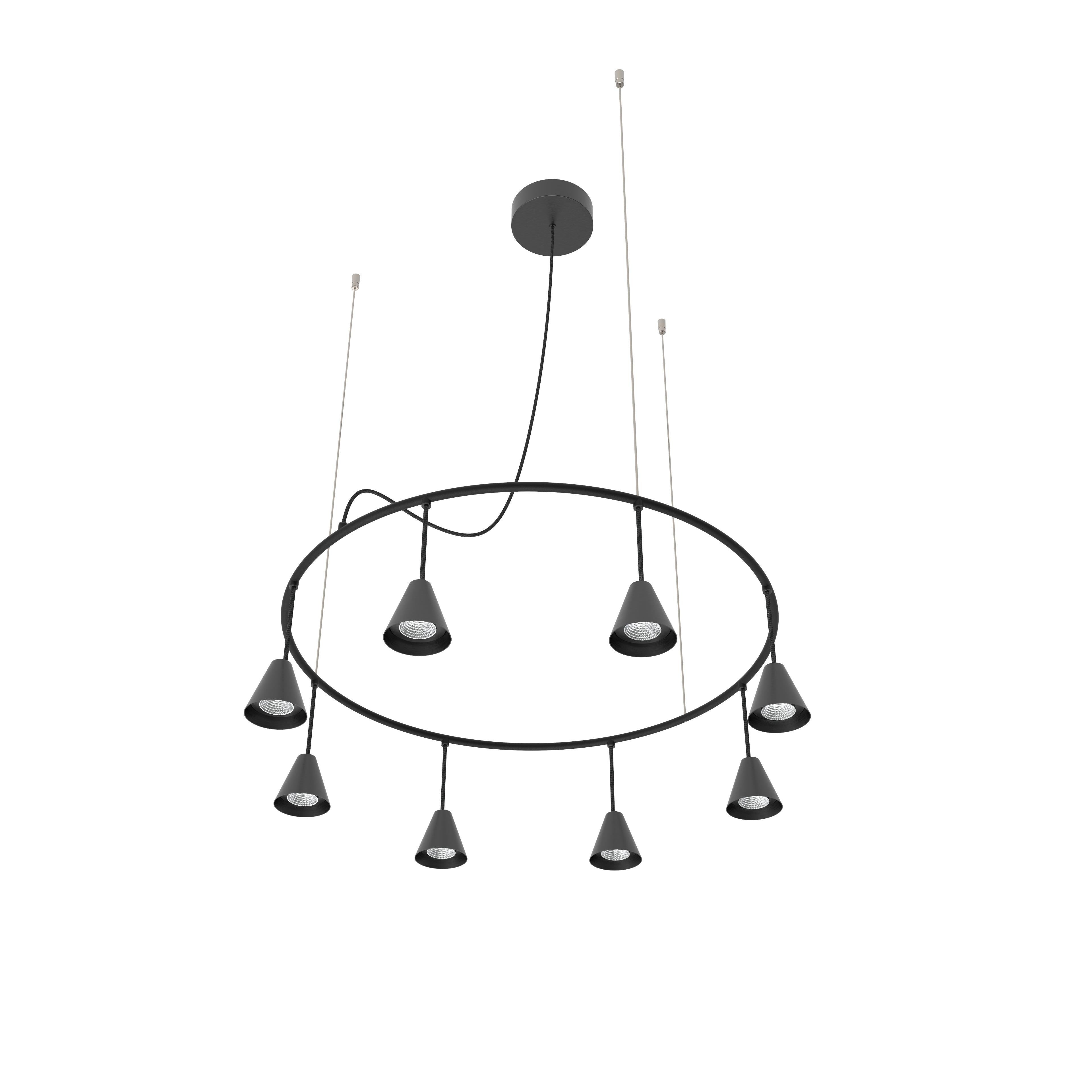 Lampadario a sospensione Rimini nero opaco circolare 27K Dangle di Robin Lamps
Dimensioni: L. 78 x P. 78 x H. 20 cm
Materiali: Struttura in ferro e cavo tessile.

 Elegia i tuoi interni con il lampadario a sospensione Rimini, un apparecchio che