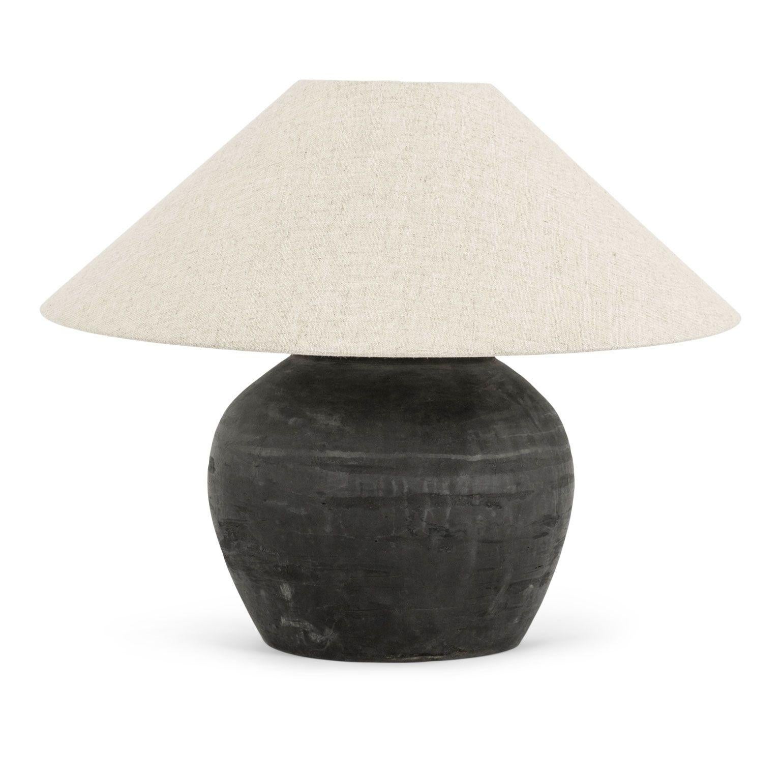 Primitive Matte Black Unglazed Lamp with Natural Color Linen Coolie Shade