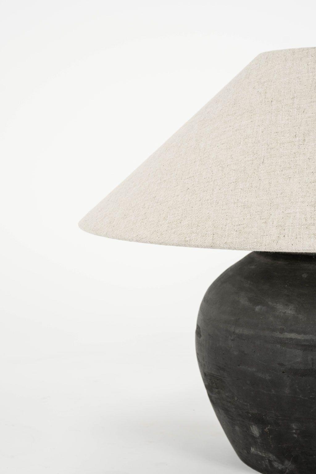 Belgian Matte Black Unglazed Lamp with Natural Color Linen Coolie Shade For Sale