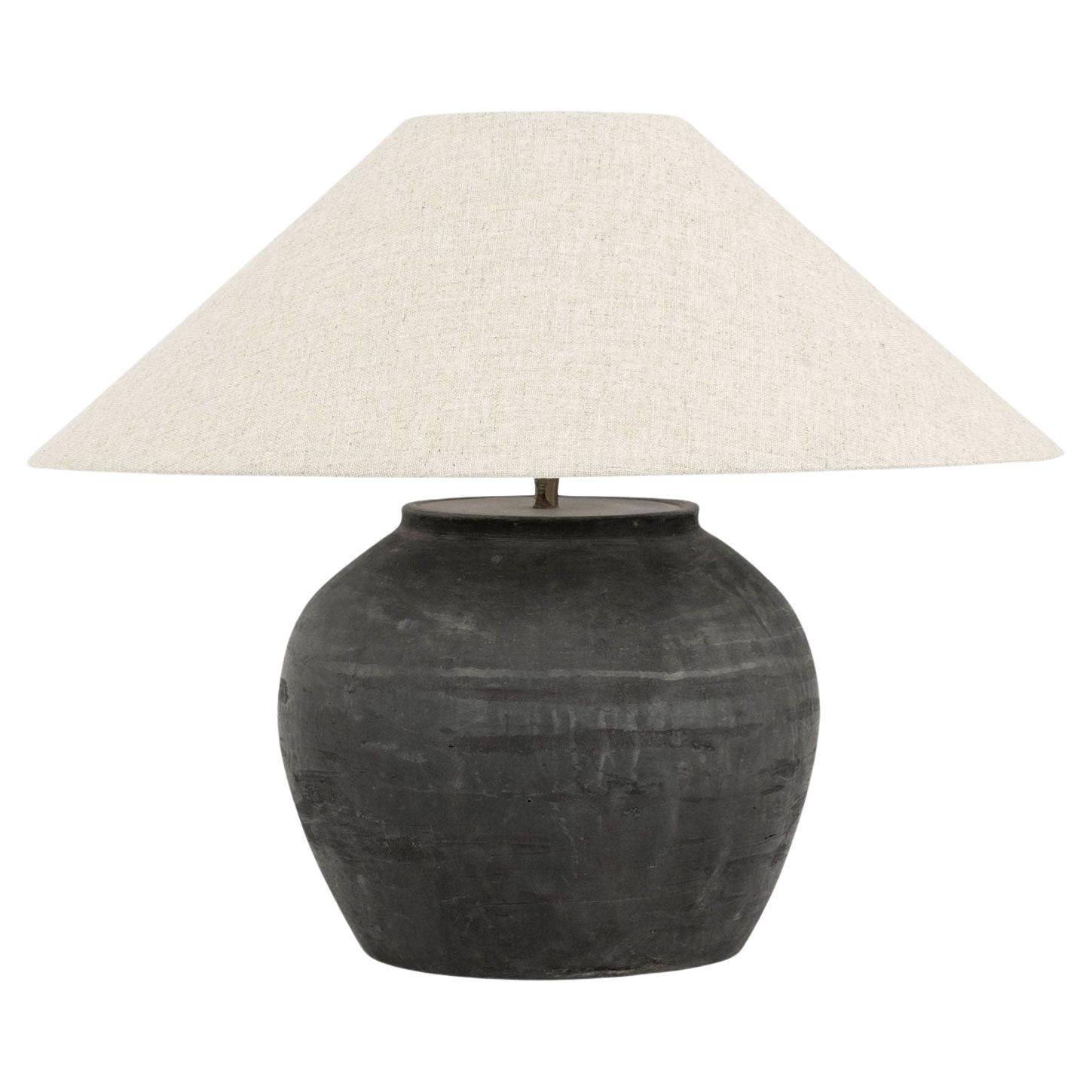 Matte Black Unglazed Lamp with Natural Color Linen Coolie Shade For Sale