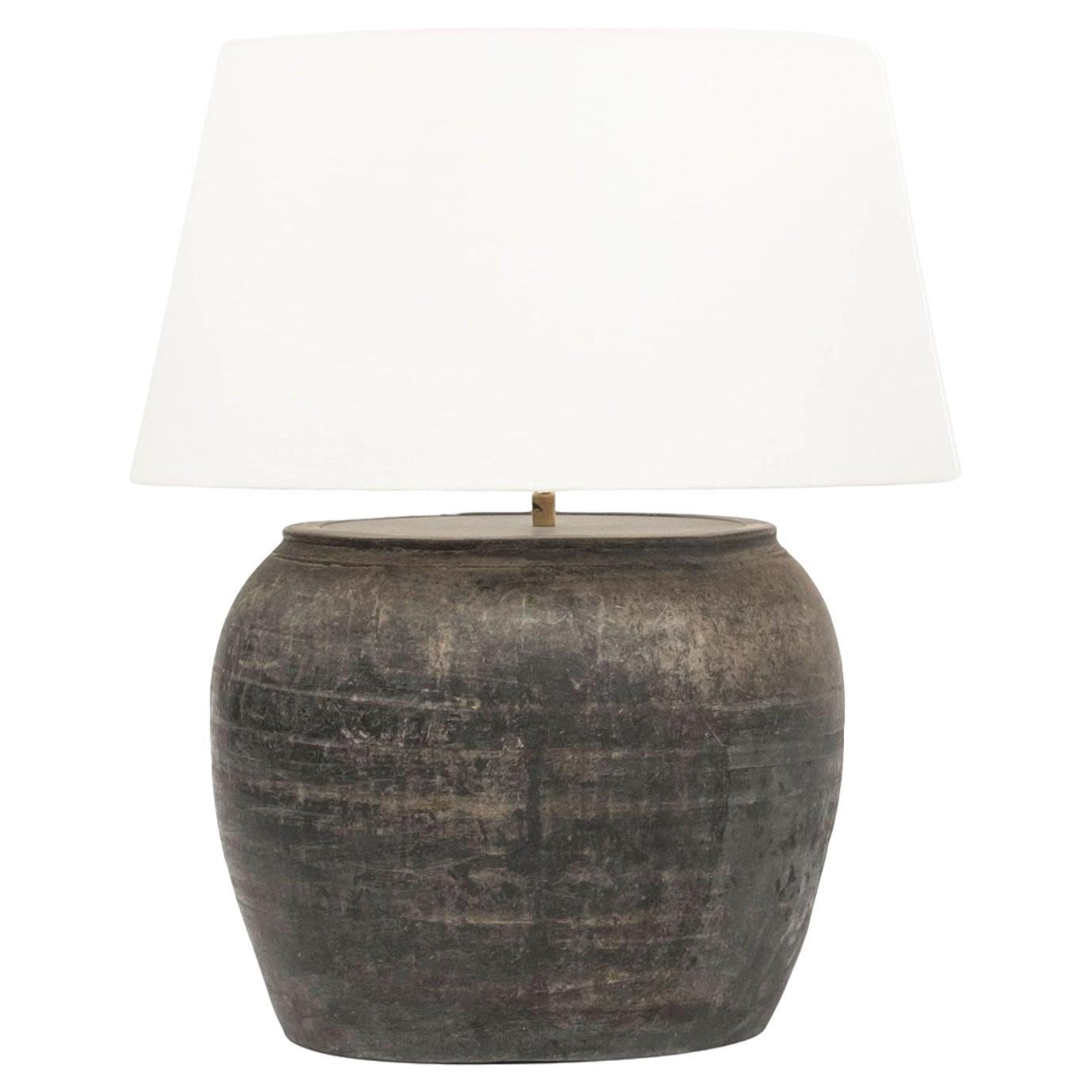 Matte Black Unglazed Lamp with White Linen Shallow Drum Shade