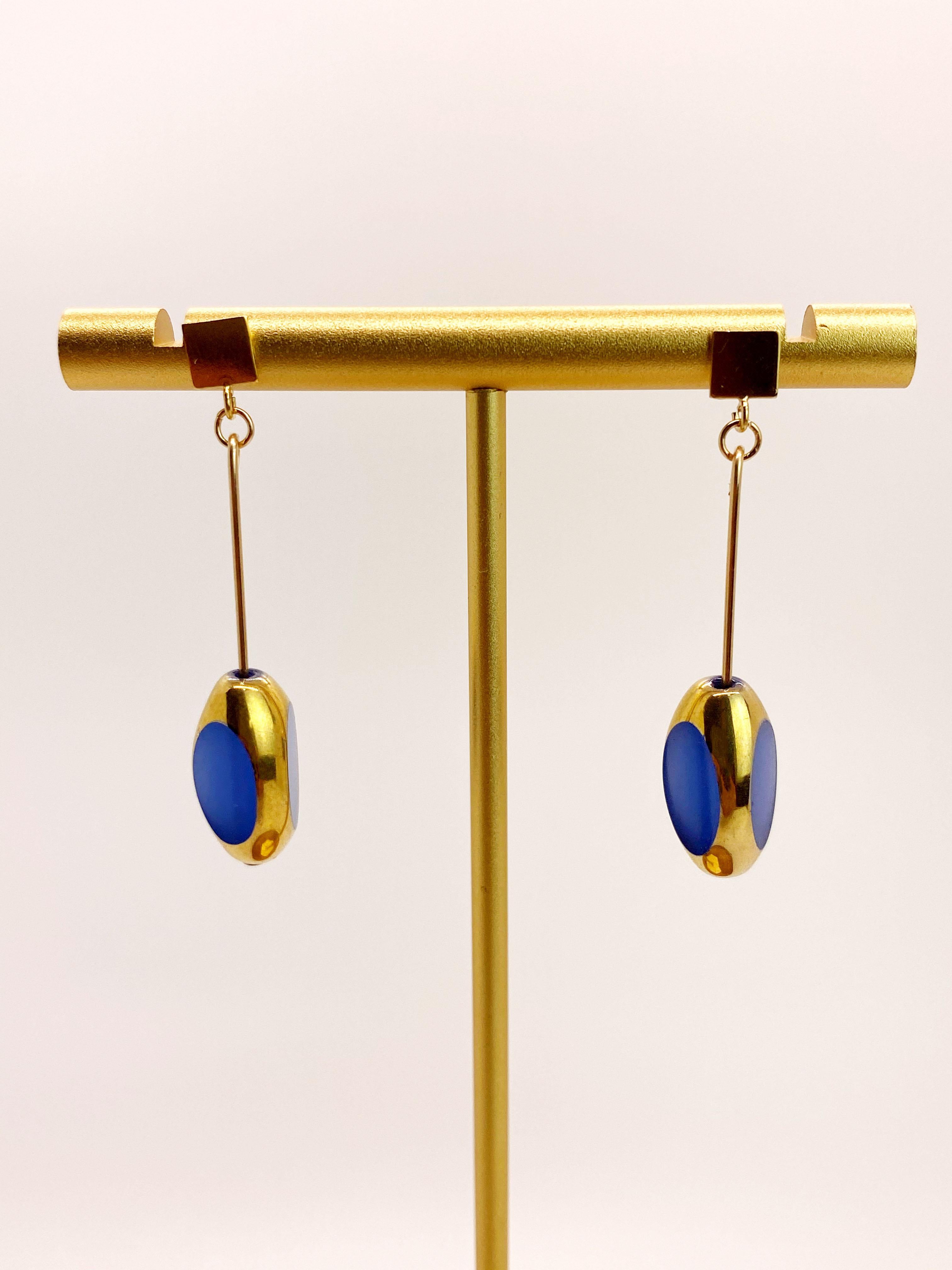Retro Matte Blue Vintage German Glass Beads edged with 24K gold Art Deco Earrings