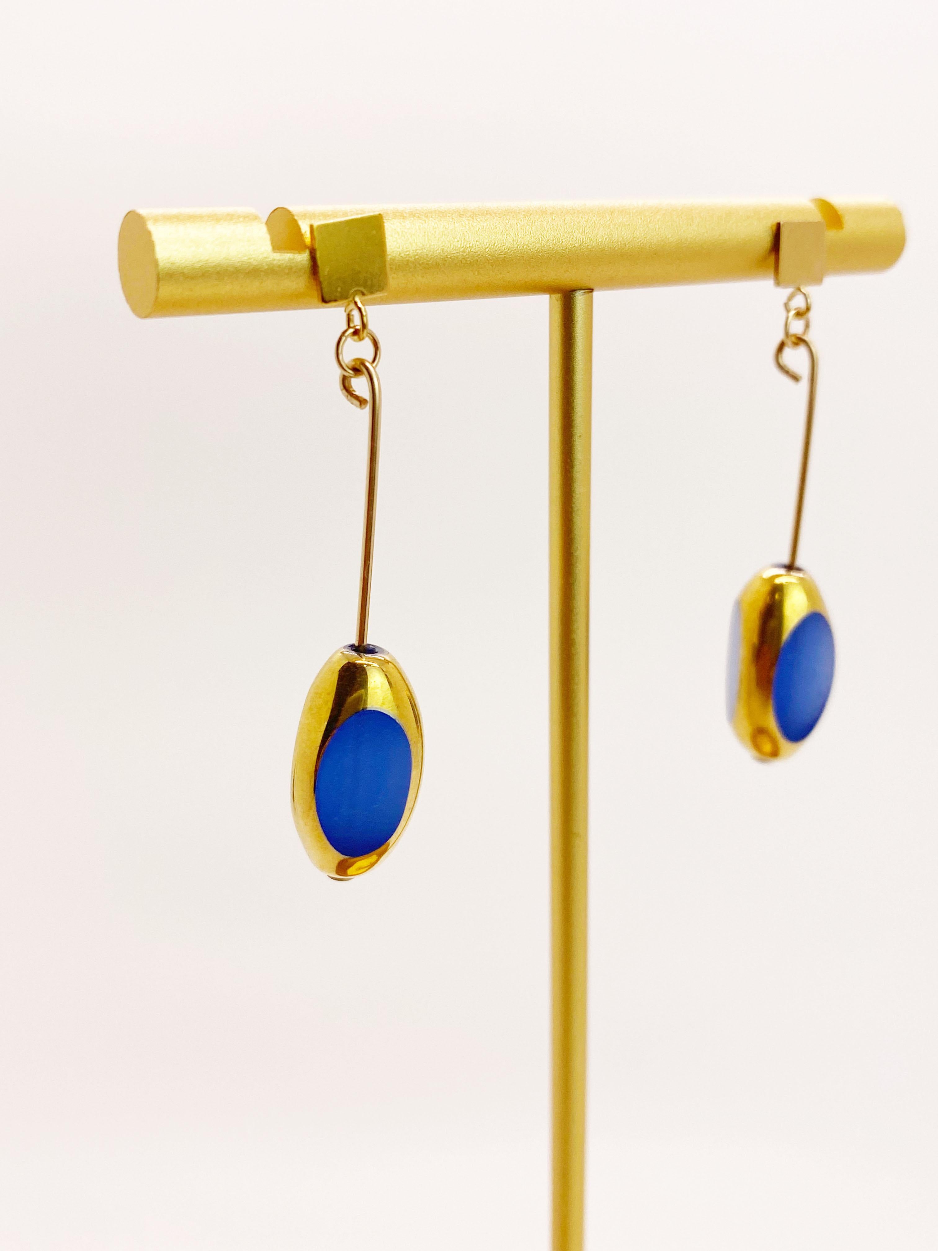 Matte Blue Vintage German Glass Beads edged with 24K gold Art Deco Earrings In New Condition In Monrovia, CA