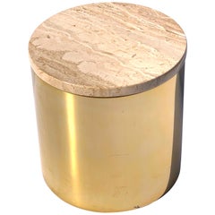 Matte Brass Drum Table with Travertine Top by Paul Mayen, Habitat International