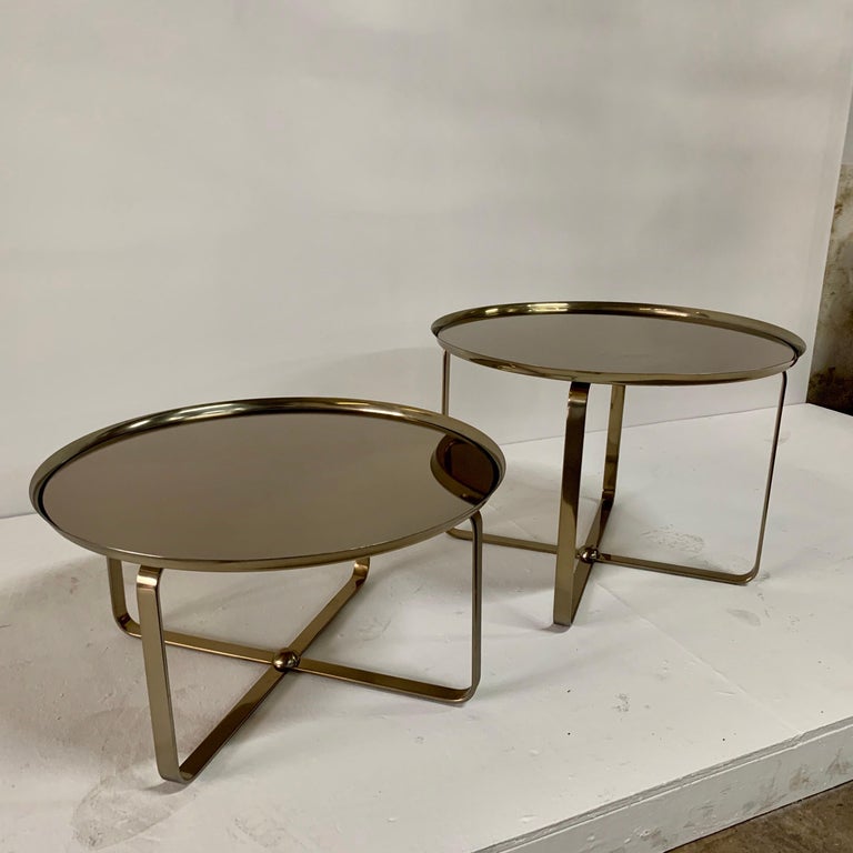 Modern Matte Brass Finish Low Tiered Side Tables, Pair For Sale