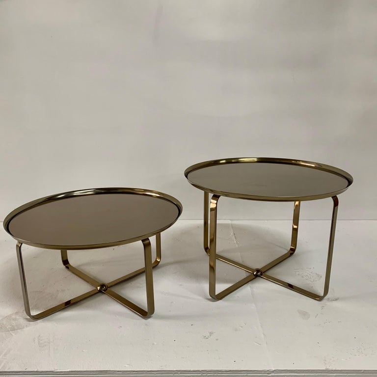 Brazilian Matte Brass Finish Low Tiered Side Tables, Pair For Sale